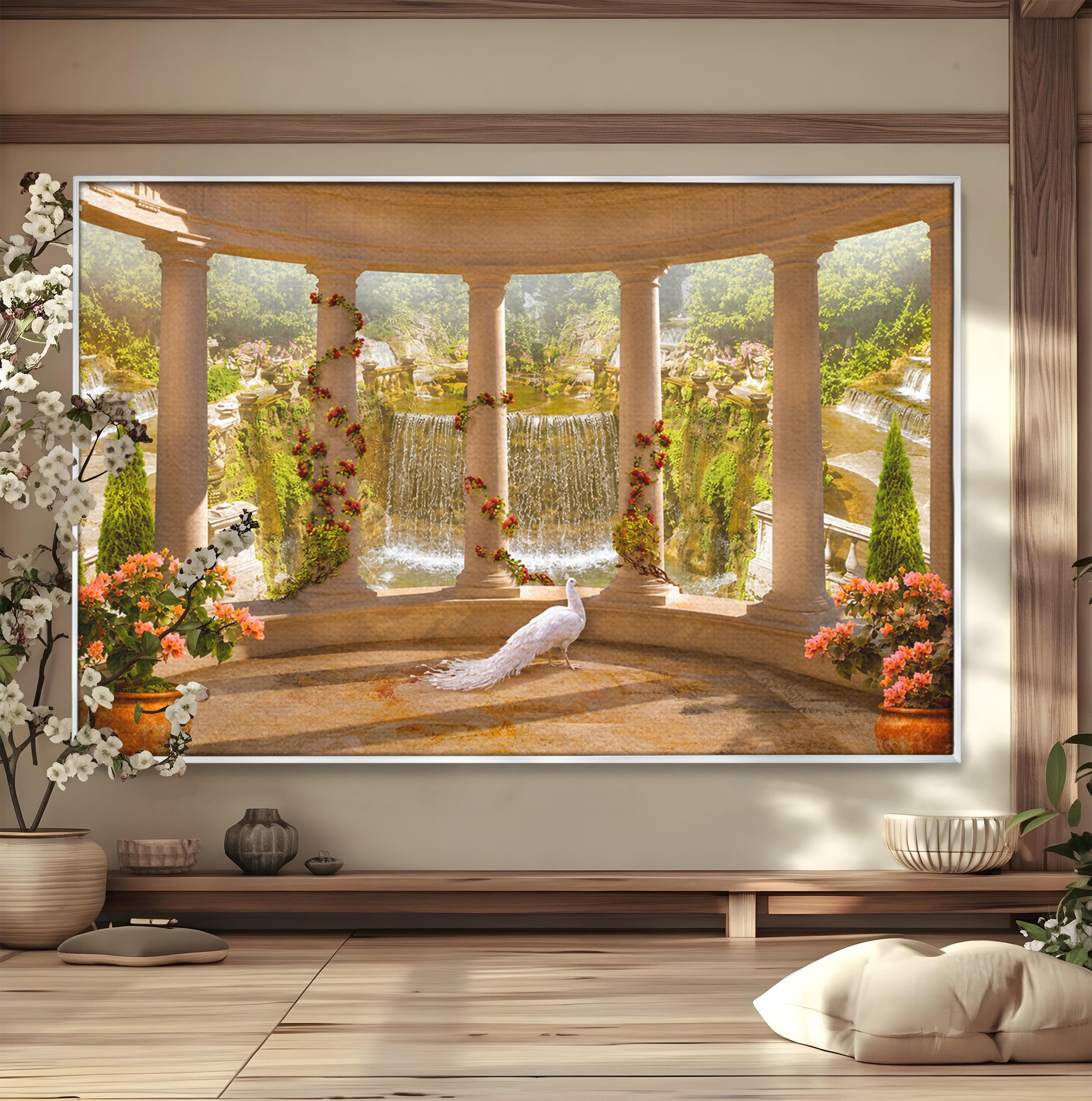 Tablou Canvas Premium LuxCanva® A1740, Pavilionul Cu Păun, Păun, Pavilion, Cascadă, Grădină, Living, Culori Vibrante