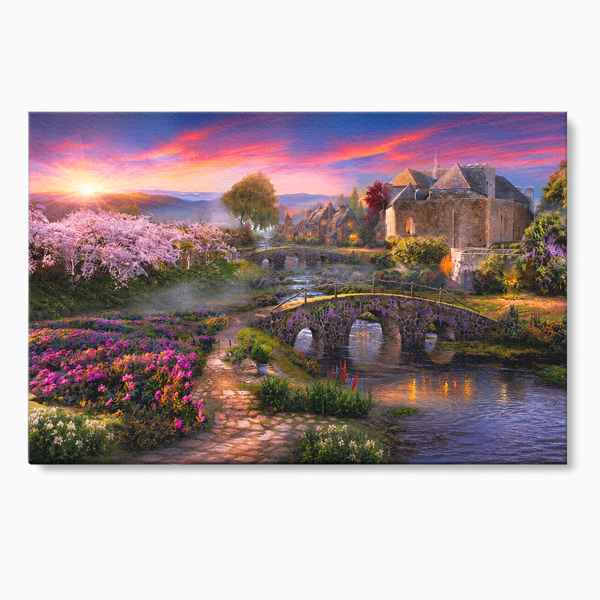 Tablou Canvas Premium LuxCanva® A1741, Peisaj Feeric de Primavara, Peisaj, Primavara, Natura, Apus, Gradina, Rau, Living, Dormitor, Culori Vibrante