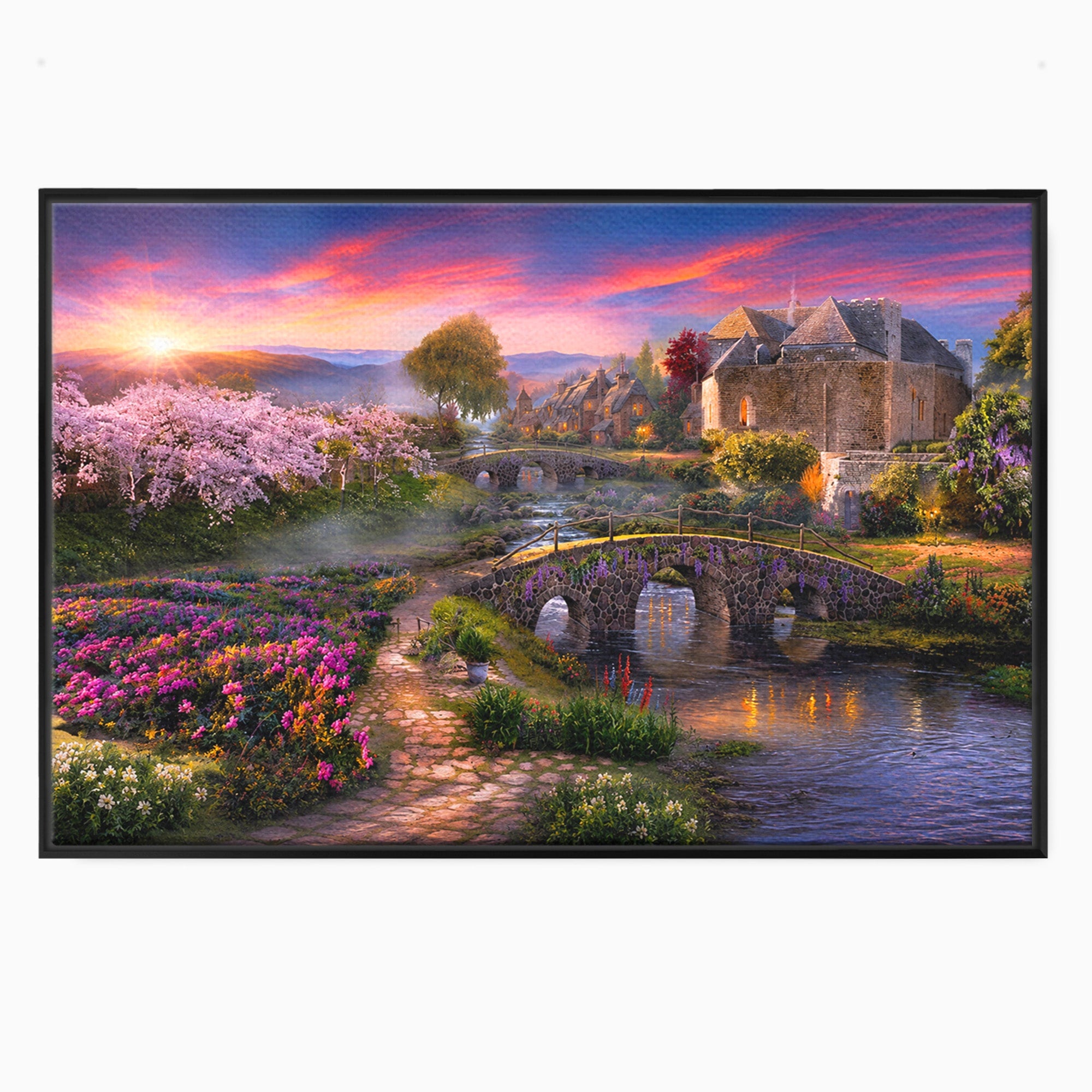 Tablou Canvas Premium LuxCanva® A1741, Peisaj Feeric de Primavara, Peisaj, Primavara, Natura, Apus, Gradina, Rau, Living, Dormitor, Culori Vibrante