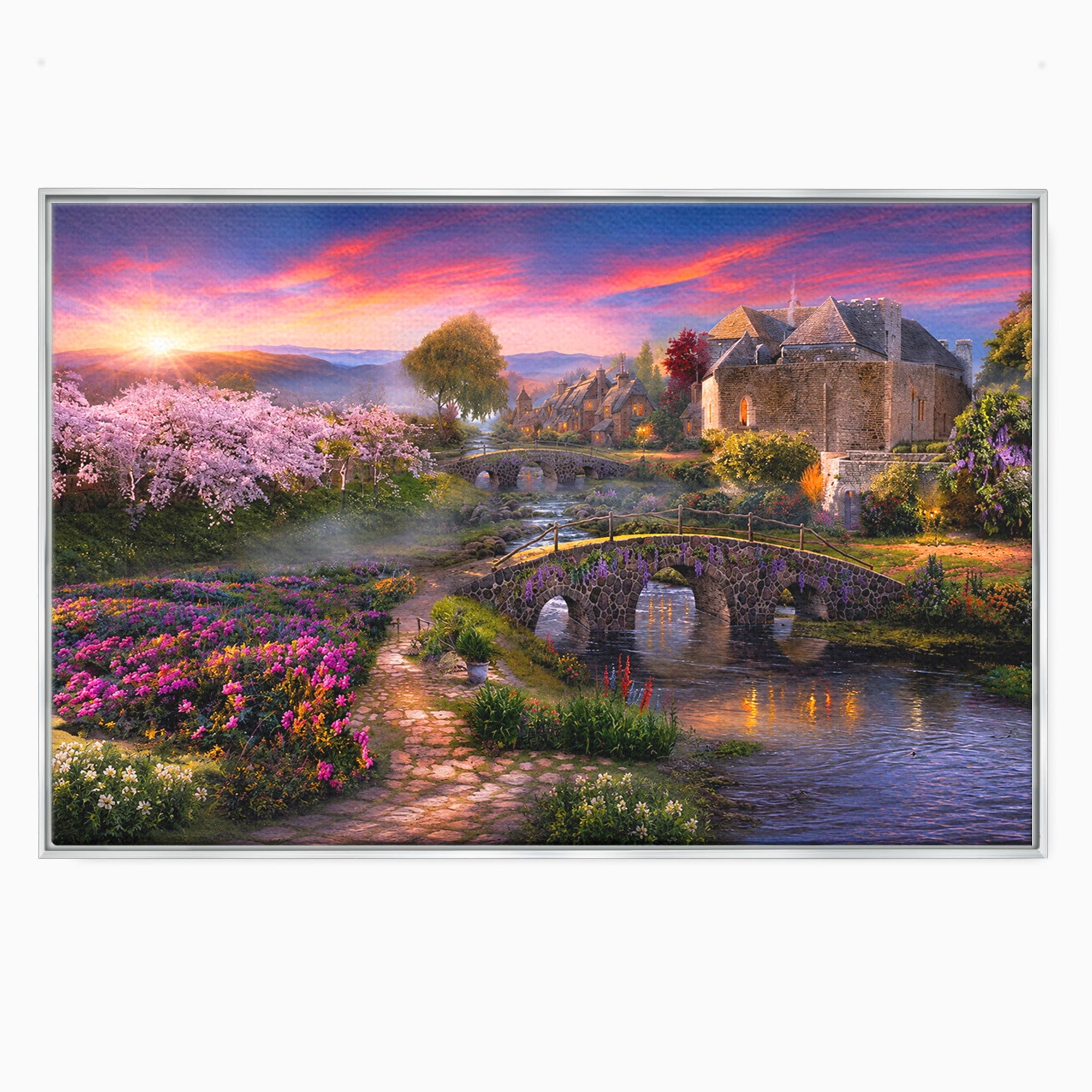 Tablou Canvas Premium LuxCanva® A1741, Peisaj Feeric de Primavara, Peisaj, Primavara, Natura, Apus, Gradina, Rau, Living, Dormitor, Culori Vibrante