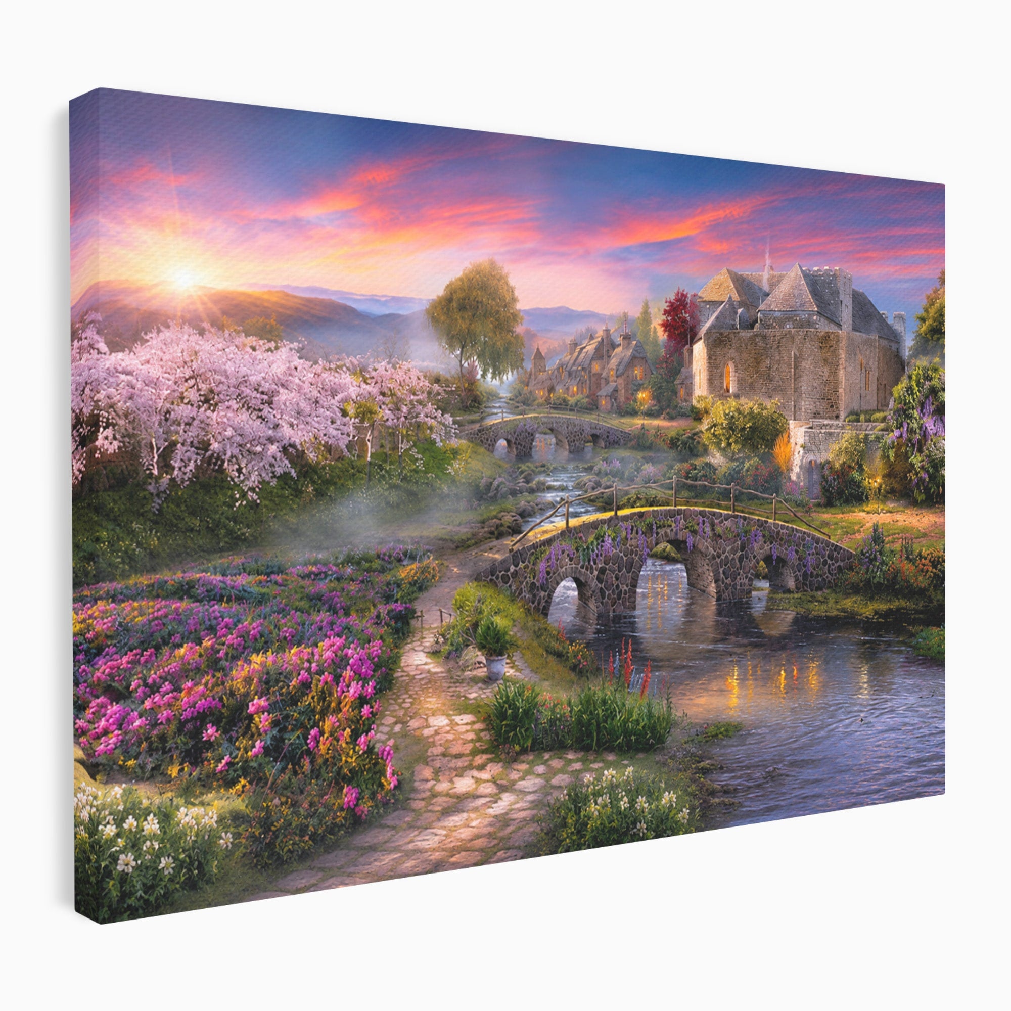 Tablou Canvas Premium LuxCanva® A1741, Peisaj Feeric de Primavara, Peisaj, Primavara, Natura, Apus, Gradina, Rau, Living, Dormitor, Culori Vibrante