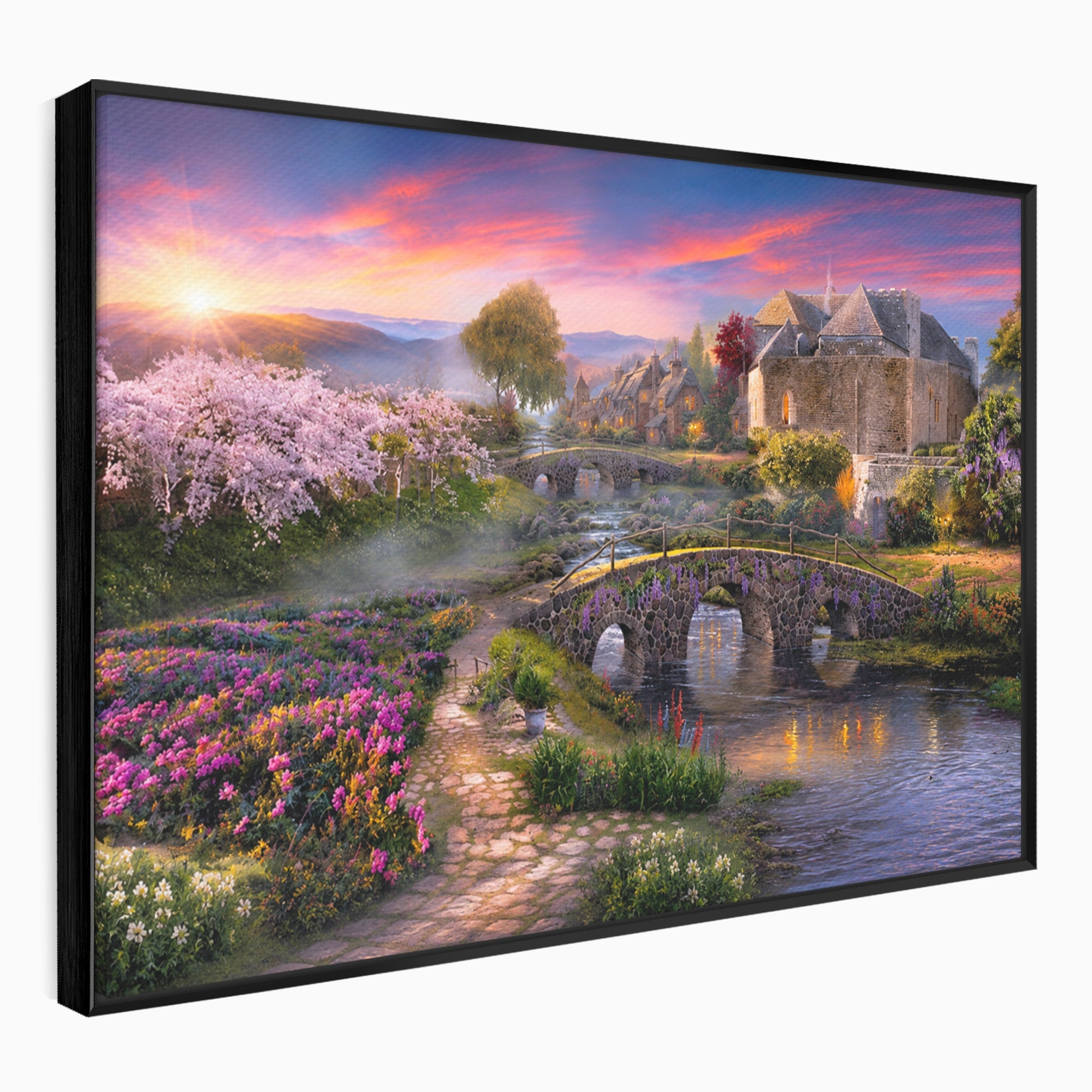 Tablou Canvas Premium LuxCanva® A1741, Peisaj Feeric de Primavara, Peisaj, Primavara, Natura, Apus, Gradina, Rau, Living, Dormitor, Culori Vibrante