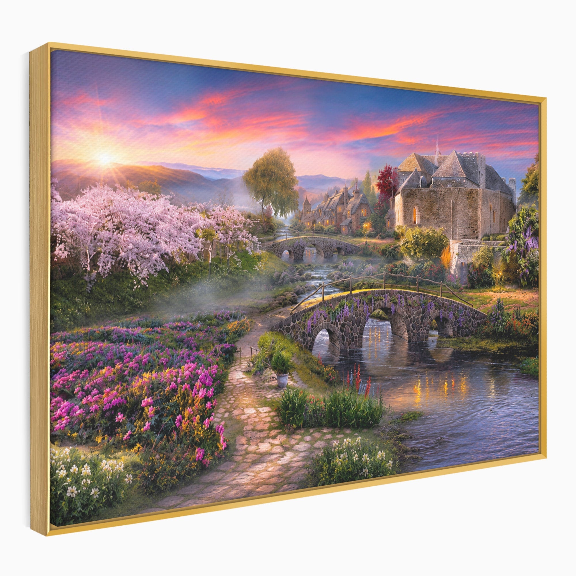 Tablou Canvas Premium LuxCanva® A1741, Peisaj Feeric de Primavara, Peisaj, Primavara, Natura, Apus, Gradina, Rau, Living, Dormitor, Culori Vibrante