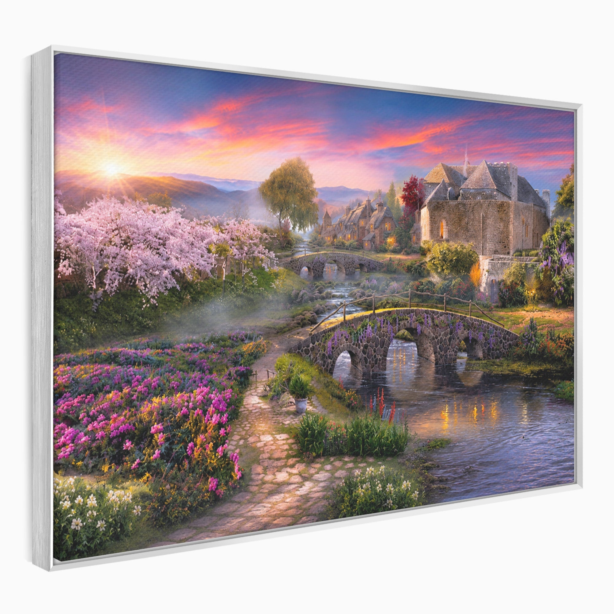 Tablou Canvas Premium LuxCanva® A1741, Peisaj Feeric de Primavara, Peisaj, Primavara, Natura, Apus, Gradina, Rau, Living, Dormitor, Culori Vibrante