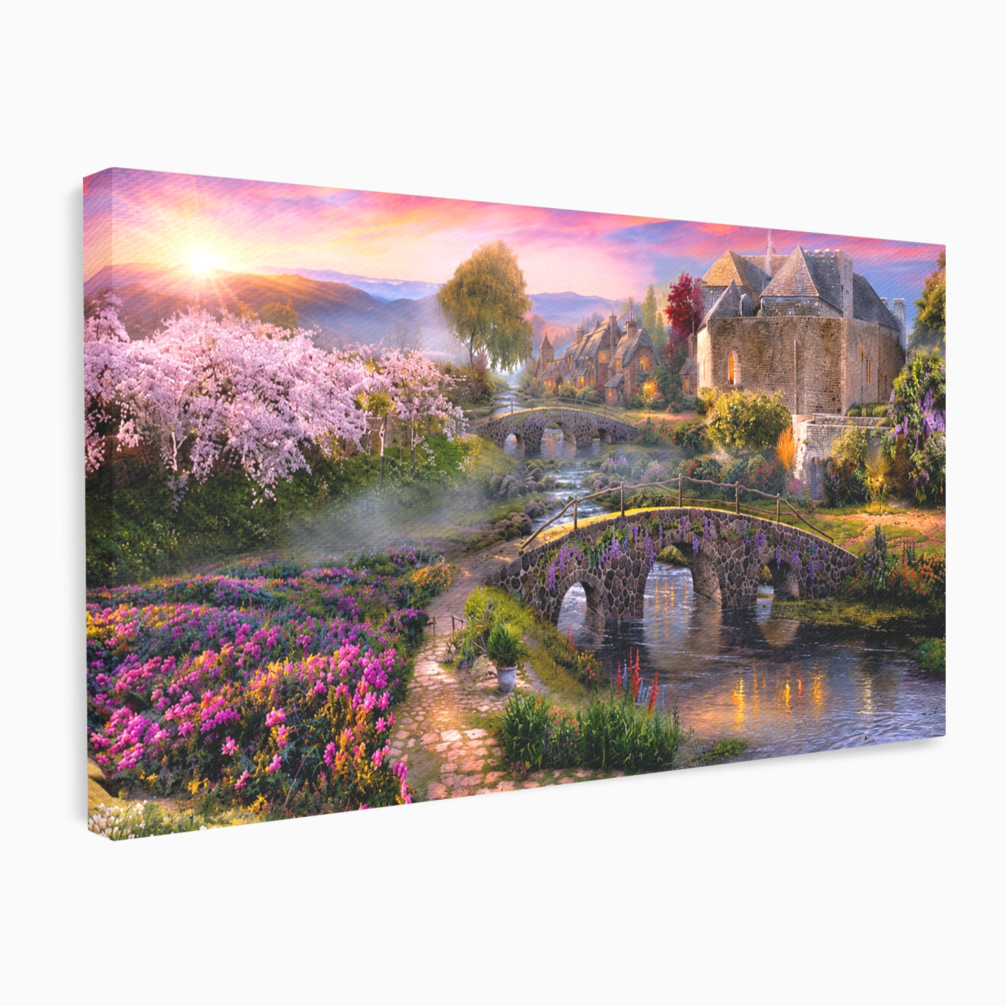 Tablou Canvas Premium LuxCanva® A1741, Peisaj Feeric de Primavara, Peisaj, Primavara, Natura, Apus, Gradina, Rau, Living, Dormitor, Culori Vibrante