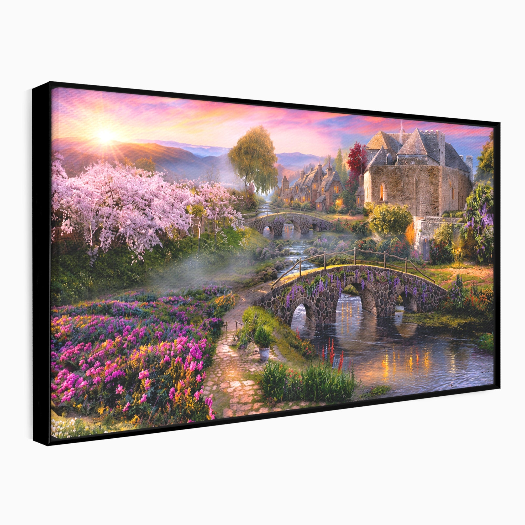 Tablou Canvas Premium LuxCanva® A1741, Peisaj Feeric de Primavara, Peisaj, Primavara, Natura, Apus, Gradina, Rau, Living, Dormitor, Culori Vibrante