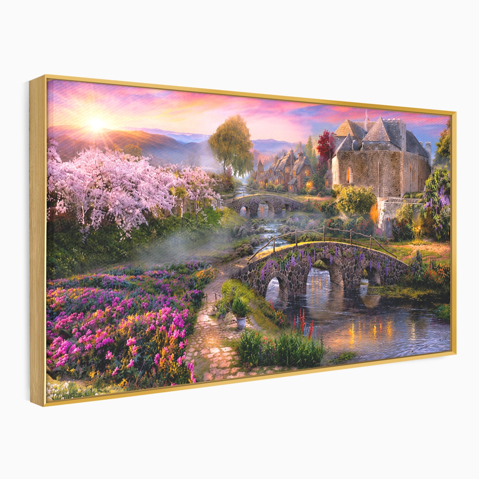 Tablou Canvas Premium LuxCanva® A1741, Peisaj Feeric de Primavara, Peisaj, Primavara, Natura, Apus, Gradina, Rau, Living, Dormitor, Culori Vibrante