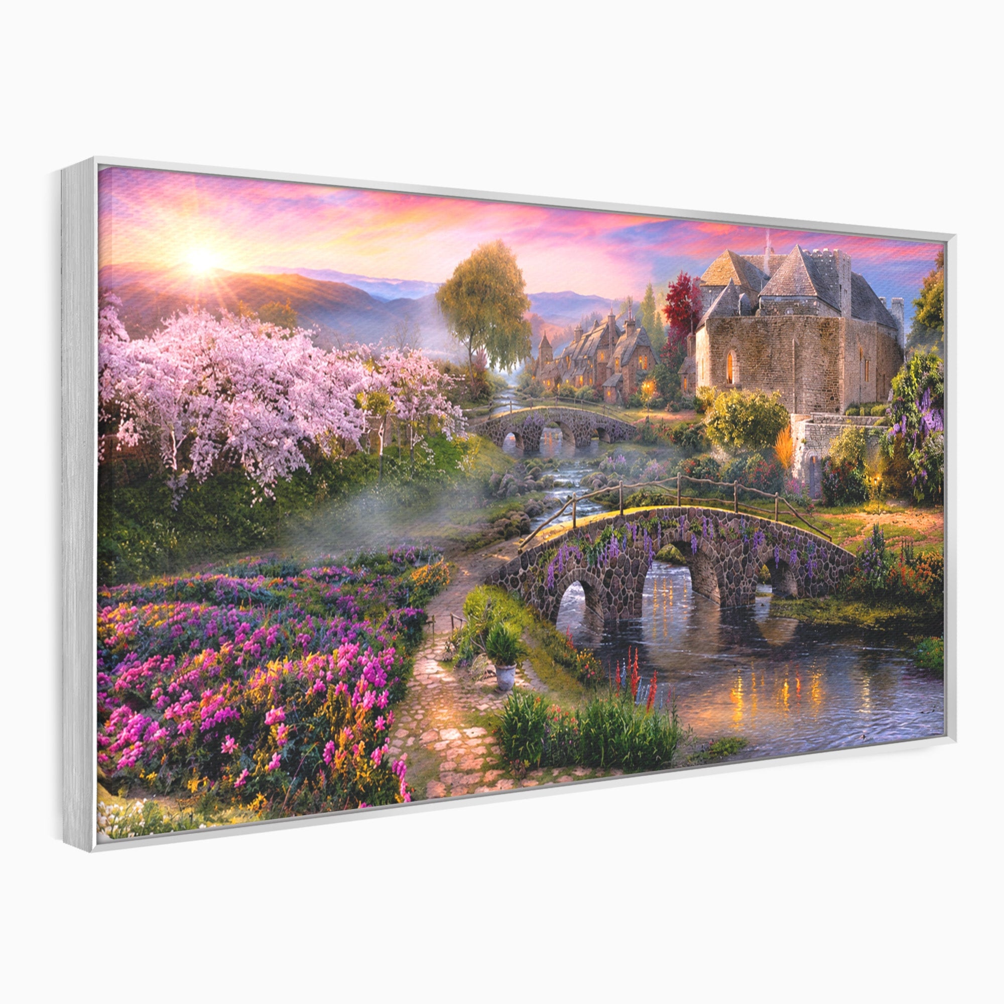 Tablou Canvas Premium LuxCanva® A1741, Peisaj Feeric de Primavara, Peisaj, Primavara, Natura, Apus, Gradina, Rau, Living, Dormitor, Culori Vibrante
