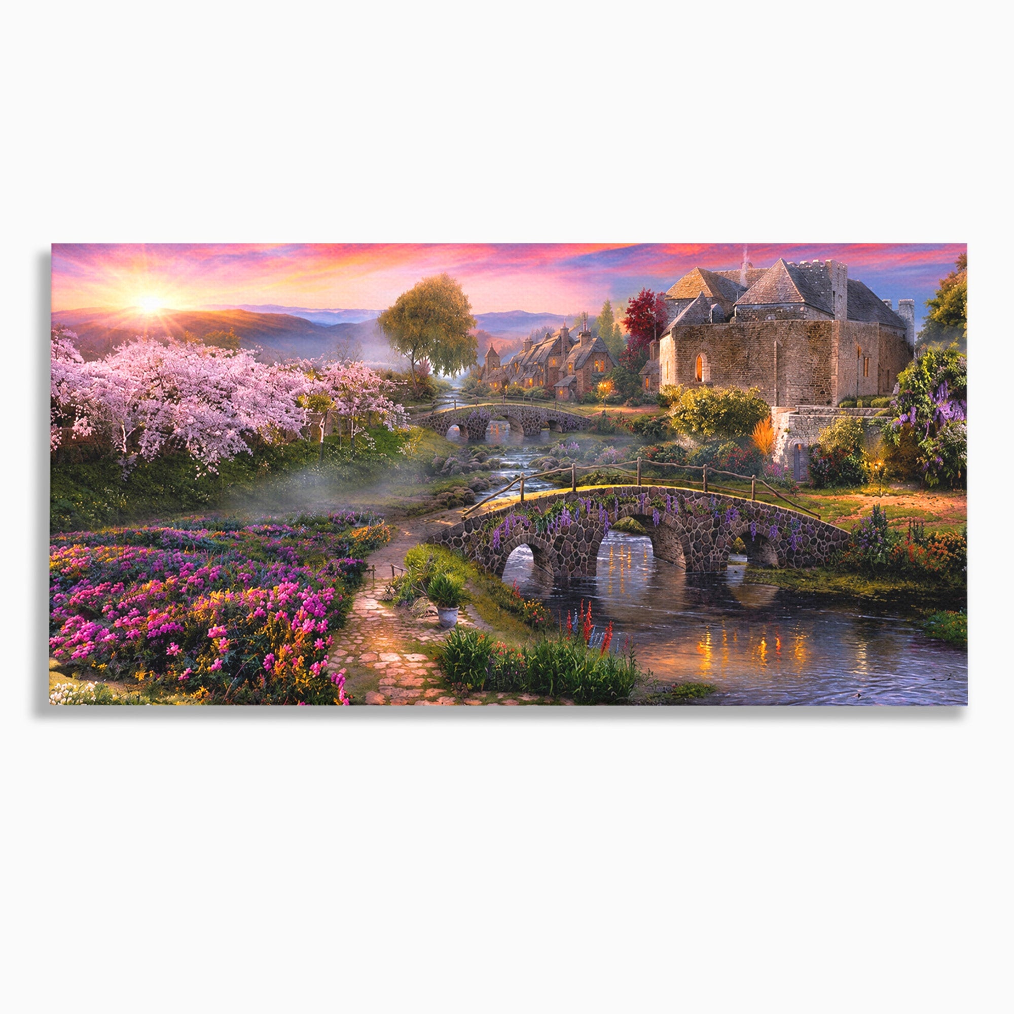 Tablou Canvas Premium LuxCanva® A1741, Peisaj Feeric de Primavara, Peisaj, Primavara, Natura, Apus, Gradina, Rau, Living, Dormitor, Culori Vibrante