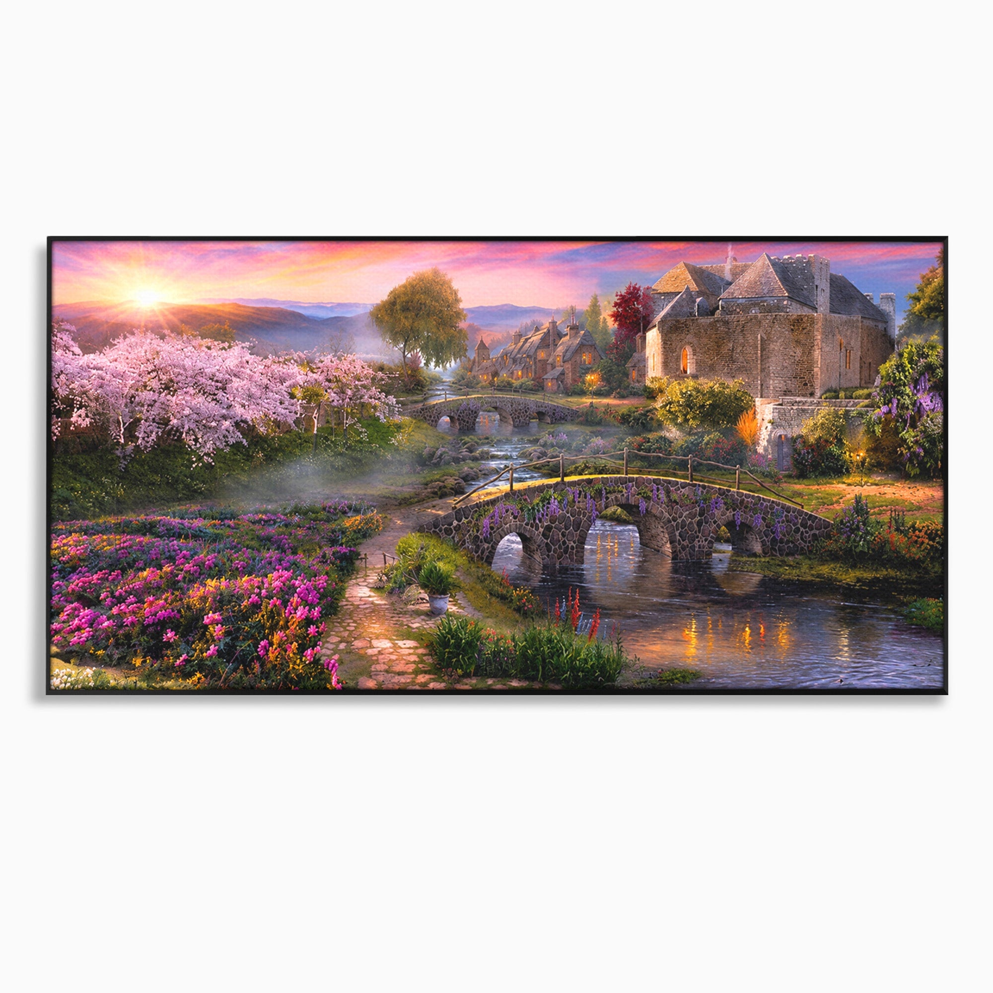Tablou Canvas Premium LuxCanva® A1741, Peisaj Feeric de Primavara, Peisaj, Primavara, Natura, Apus, Gradina, Rau, Living, Dormitor, Culori Vibrante