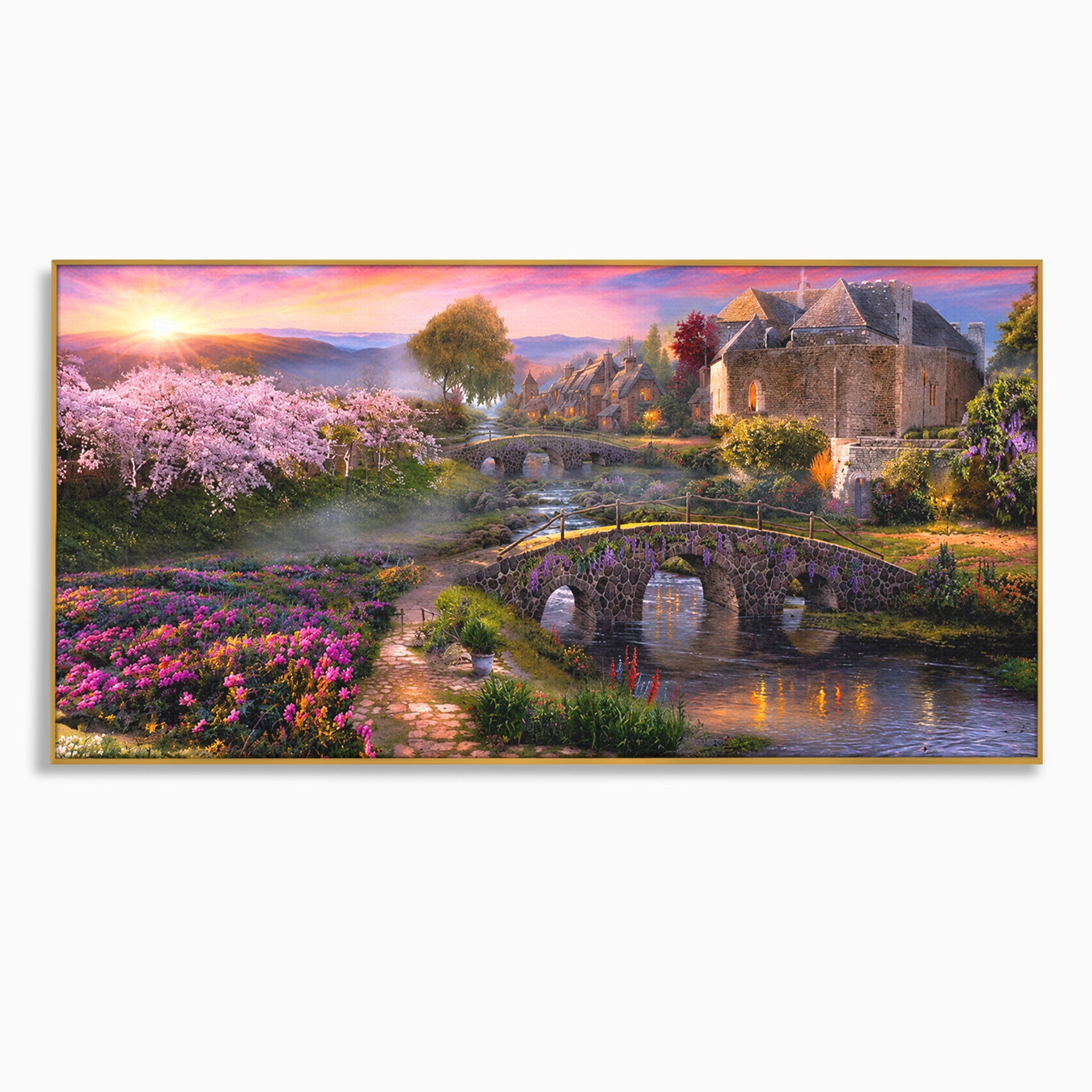 Tablou Canvas Premium LuxCanva® A1741, Peisaj Feeric de Primavara, Peisaj, Primavara, Natura, Apus, Gradina, Rau, Living, Dormitor, Culori Vibrante