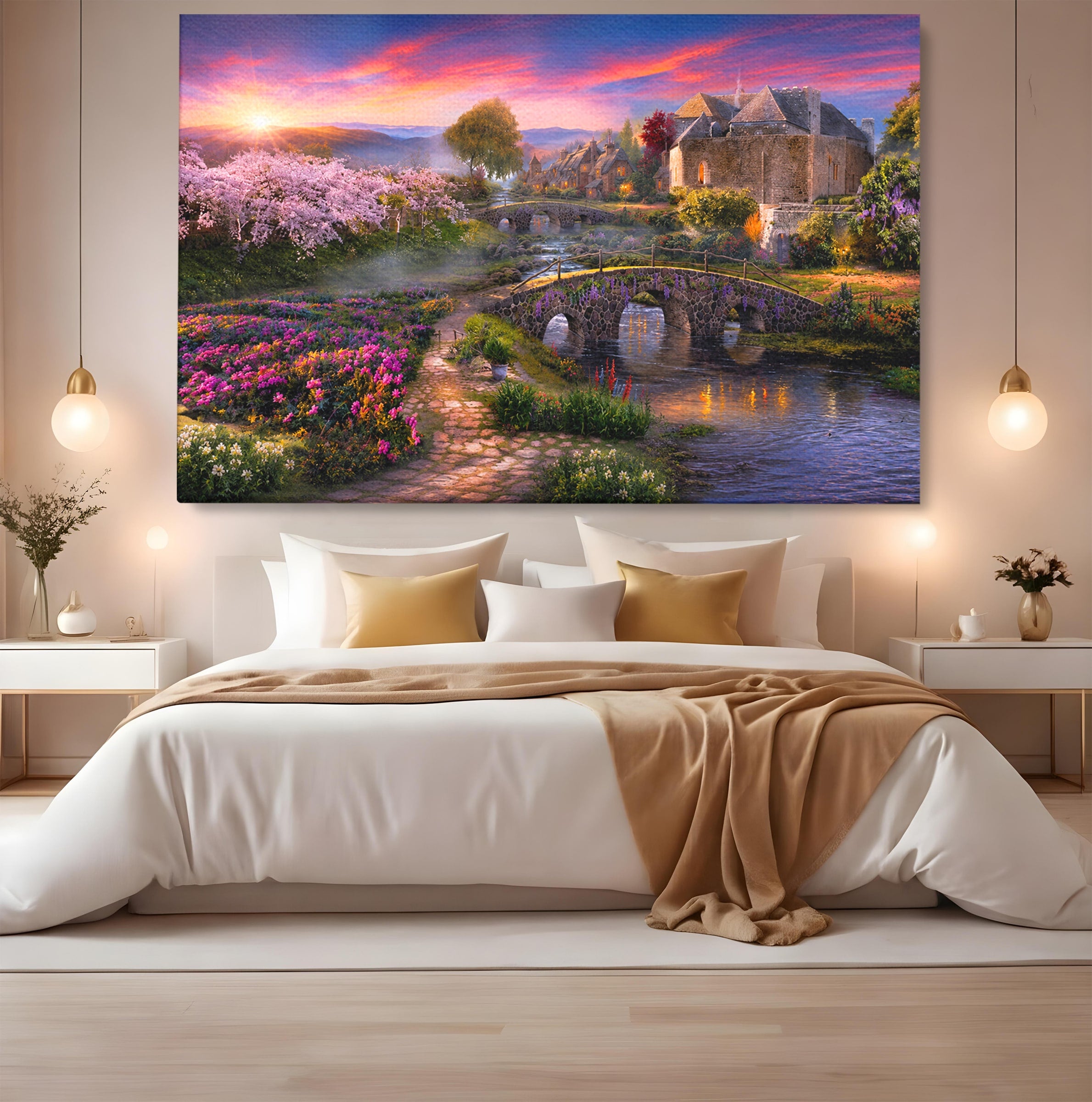Tablou Canvas Premium LuxCanva® A1741, Peisaj Feeric de Primavara, Peisaj, Primavara, Natura, Apus, Gradina, Rau, Living, Dormitor, Culori Vibrante