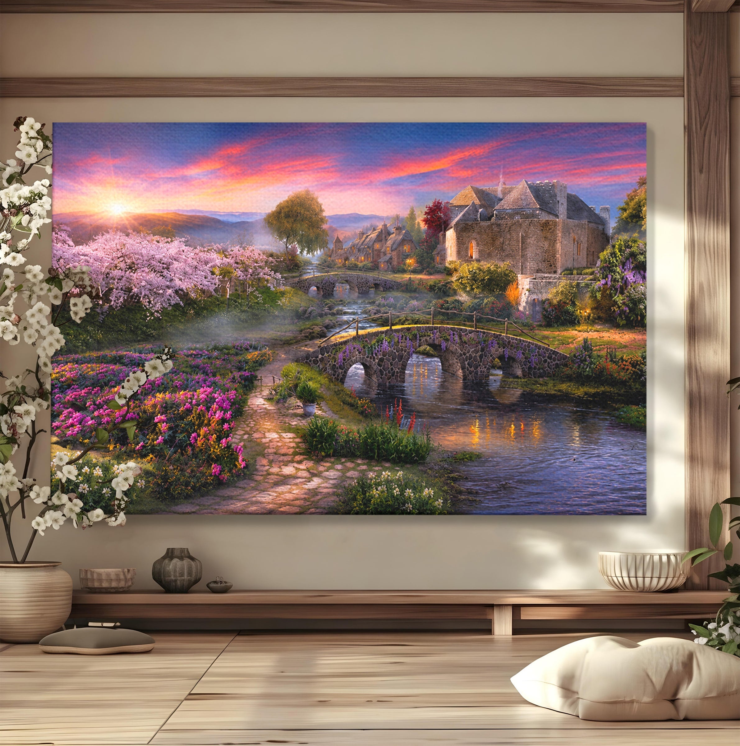 Tablou Canvas Premium LuxCanva® A1741, Peisaj Feeric de Primavara, Peisaj, Primavara, Natura, Apus, Gradina, Rau, Living, Dormitor, Culori Vibrante