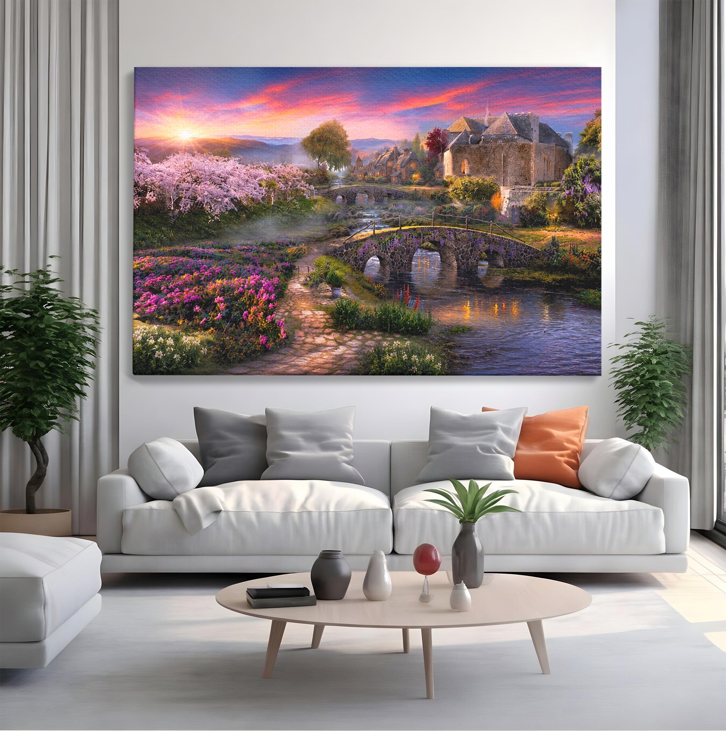 Tablou Canvas Premium LuxCanva® A1741, Peisaj Feeric de Primavara, Peisaj, Primavara, Natura, Apus, Gradina, Rau, Living, Dormitor, Culori Vibrante