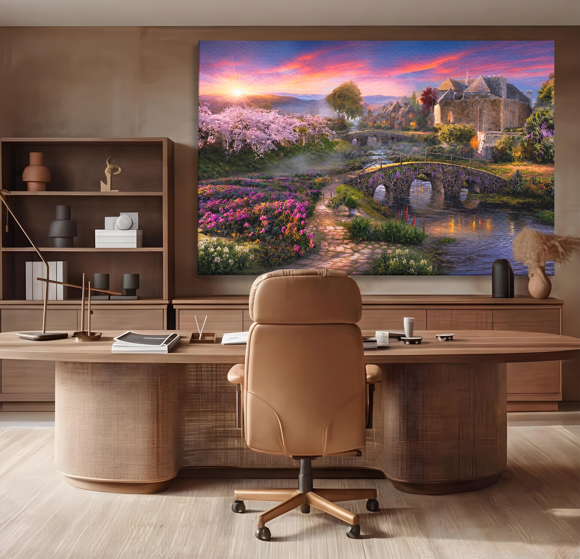 Tablou Canvas Premium LuxCanva® A1741, Peisaj Feeric de Primavara, Peisaj, Primavara, Natura, Apus, Gradina, Rau, Living, Dormitor, Culori Vibrante