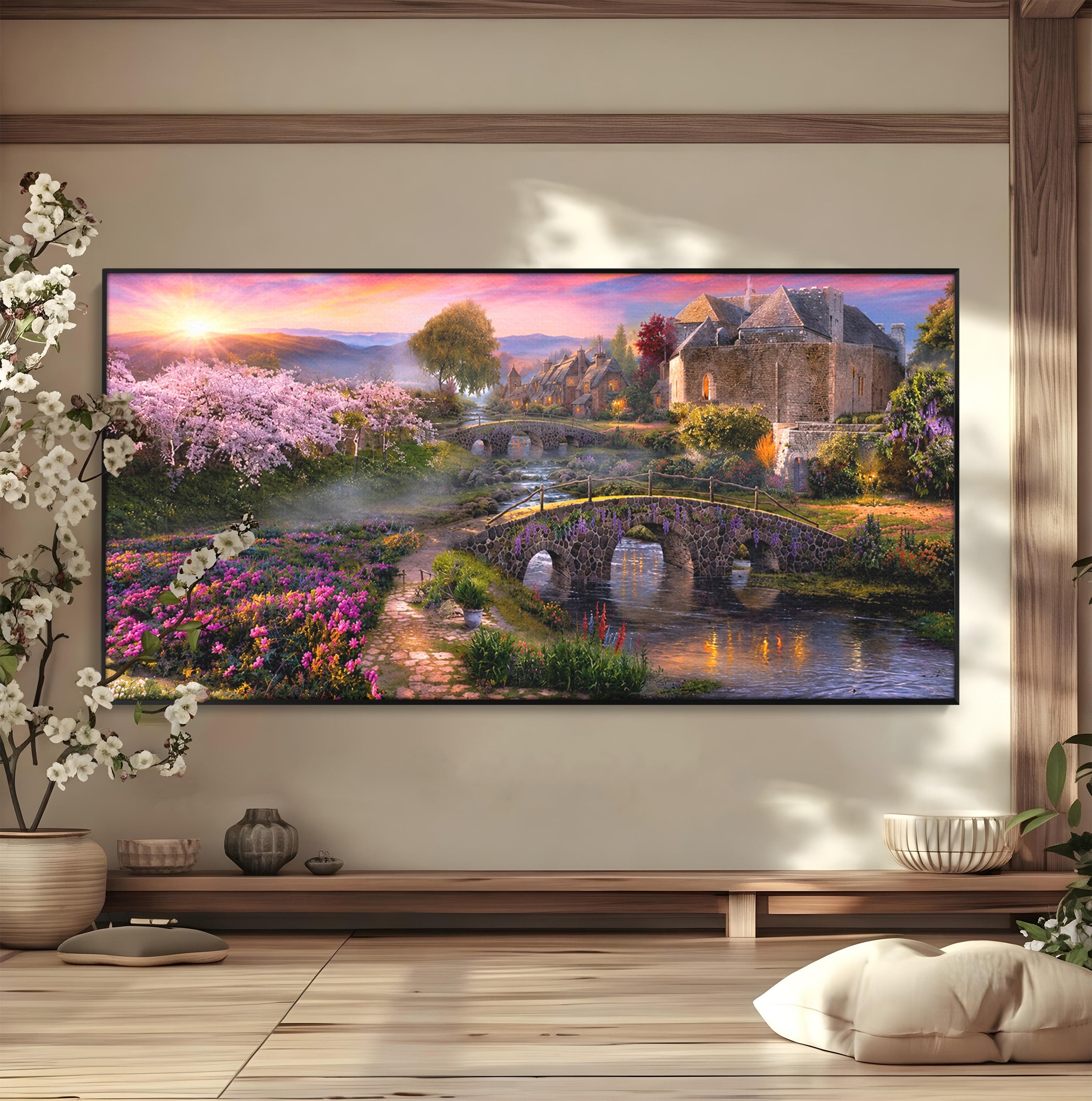 Tablou Canvas Premium LuxCanva® A1741, Peisaj Feeric de Primavara, Peisaj, Primavara, Natura, Apus, Gradina, Rau, Living, Dormitor, Culori Vibrante
