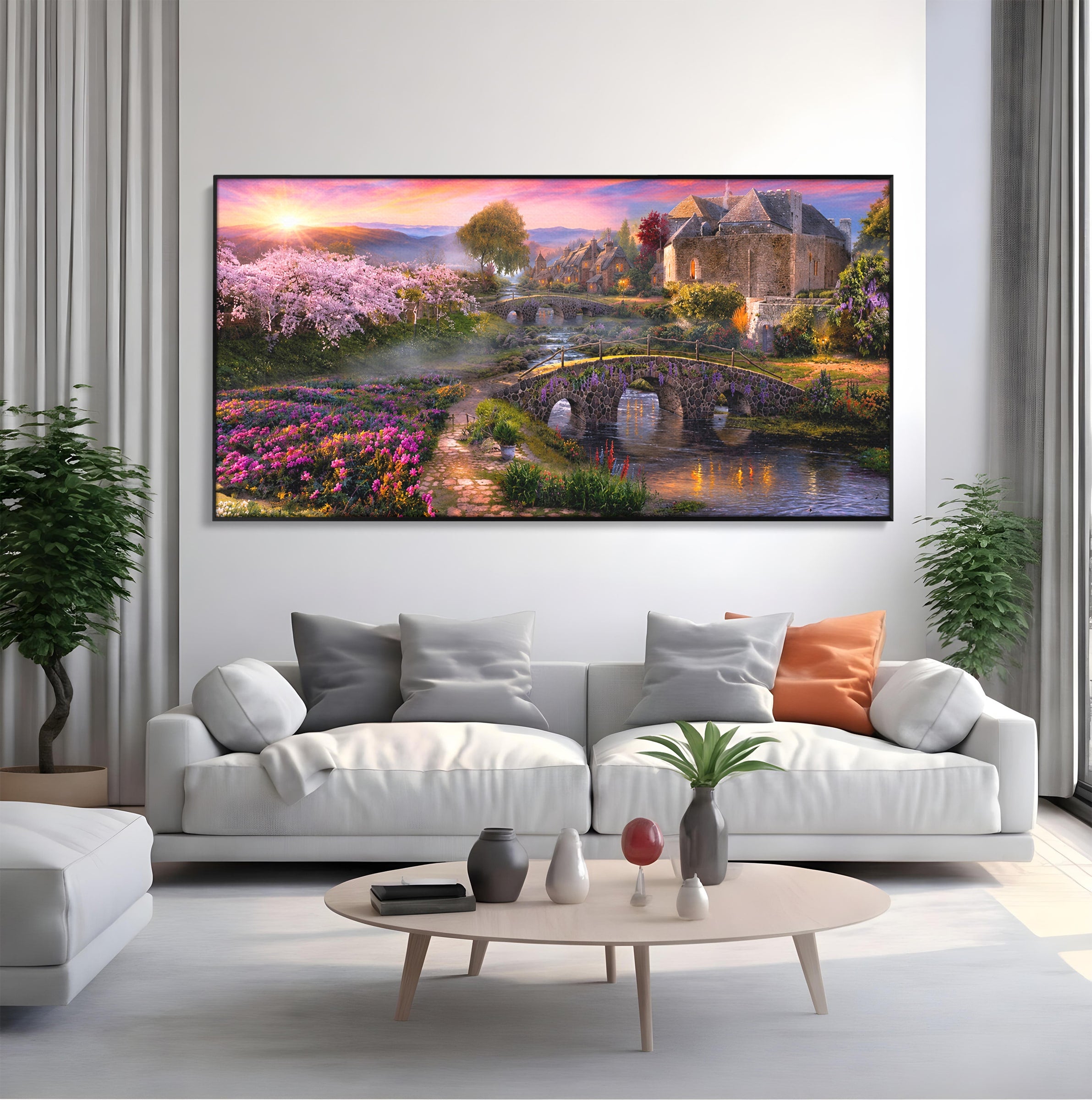 Tablou Canvas Premium LuxCanva® A1741, Peisaj Feeric de Primavara, Peisaj, Primavara, Natura, Apus, Gradina, Rau, Living, Dormitor, Culori Vibrante
