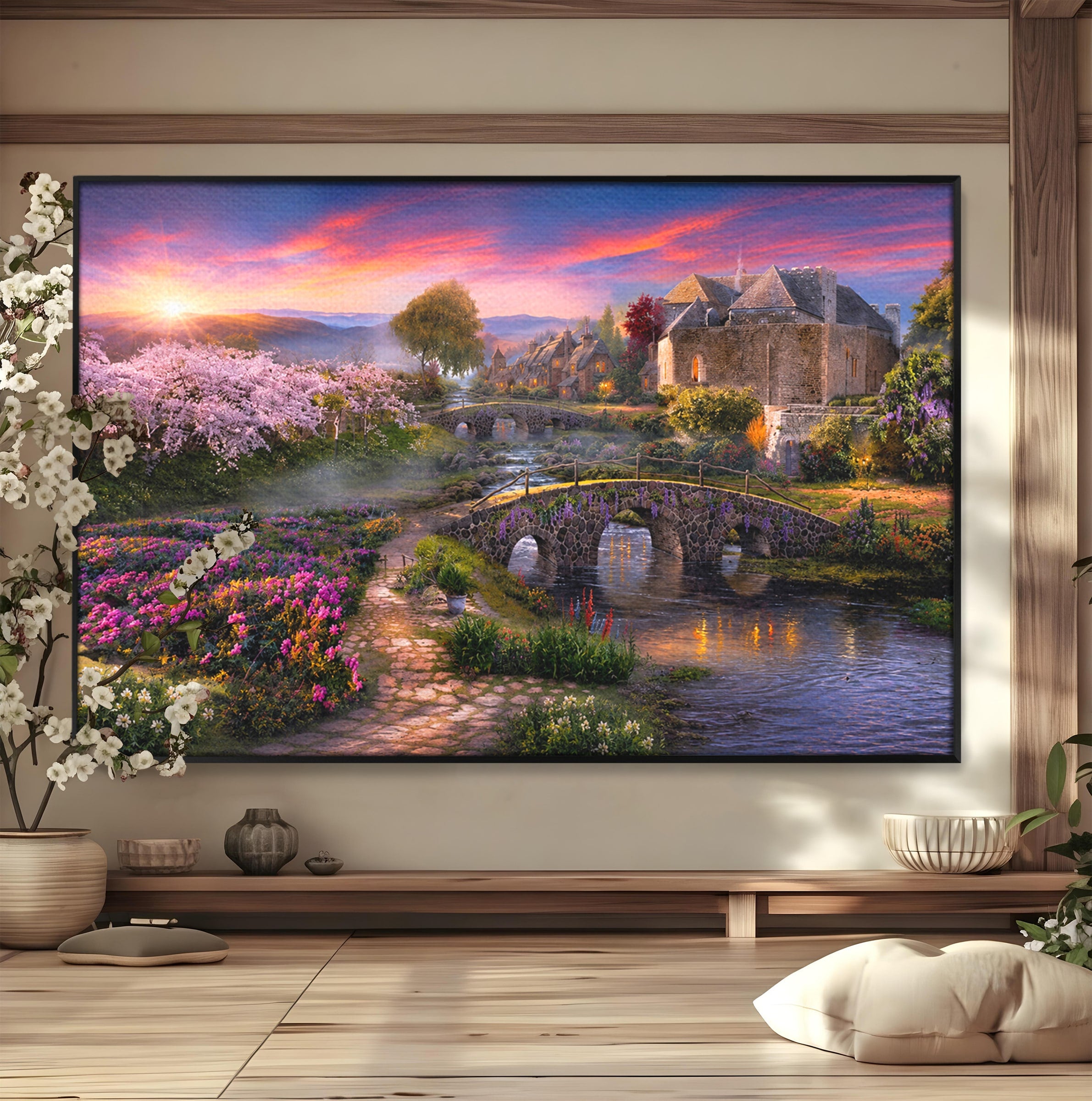 Tablou Canvas Premium LuxCanva® A1741, Peisaj Feeric de Primavara, Peisaj, Primavara, Natura, Apus, Gradina, Rau, Living, Dormitor, Culori Vibrante