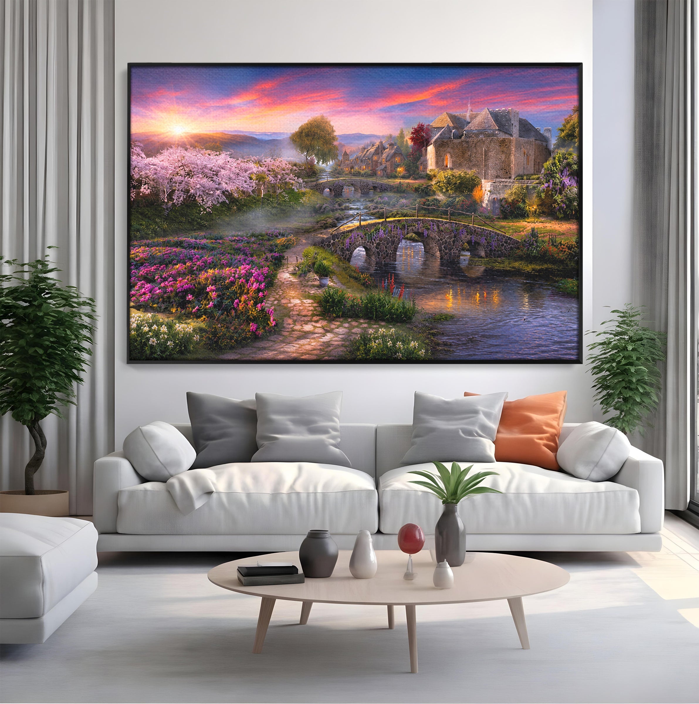 Tablou Canvas Premium LuxCanva® A1741, Peisaj Feeric de Primavara, Peisaj, Primavara, Natura, Apus, Gradina, Rau, Living, Dormitor, Culori Vibrante