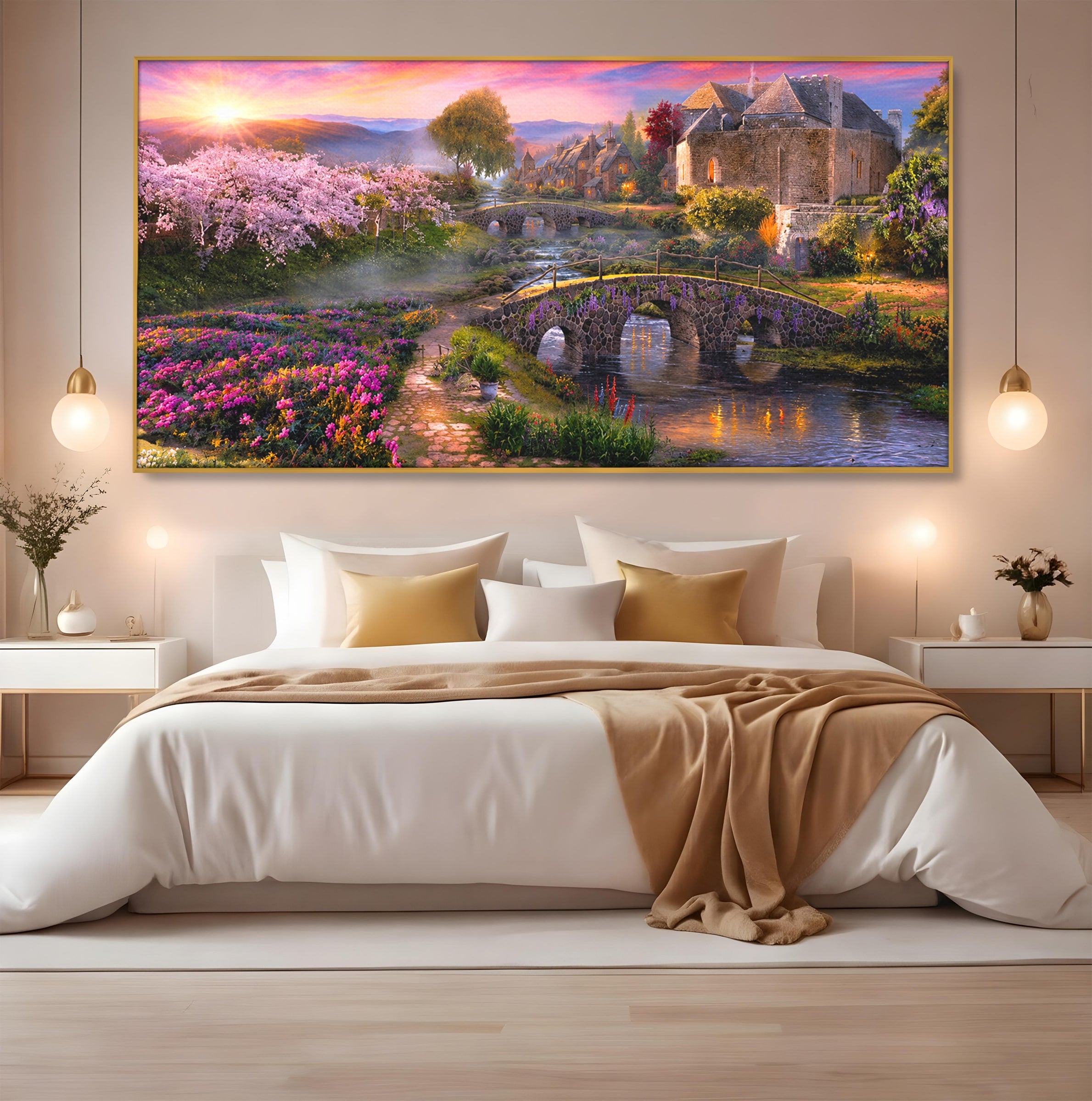 Tablou Canvas Premium LuxCanva® A1741, Peisaj Feeric de Primavara, Peisaj, Primavara, Natura, Apus, Gradina, Rau, Living, Dormitor, Culori Vibrante