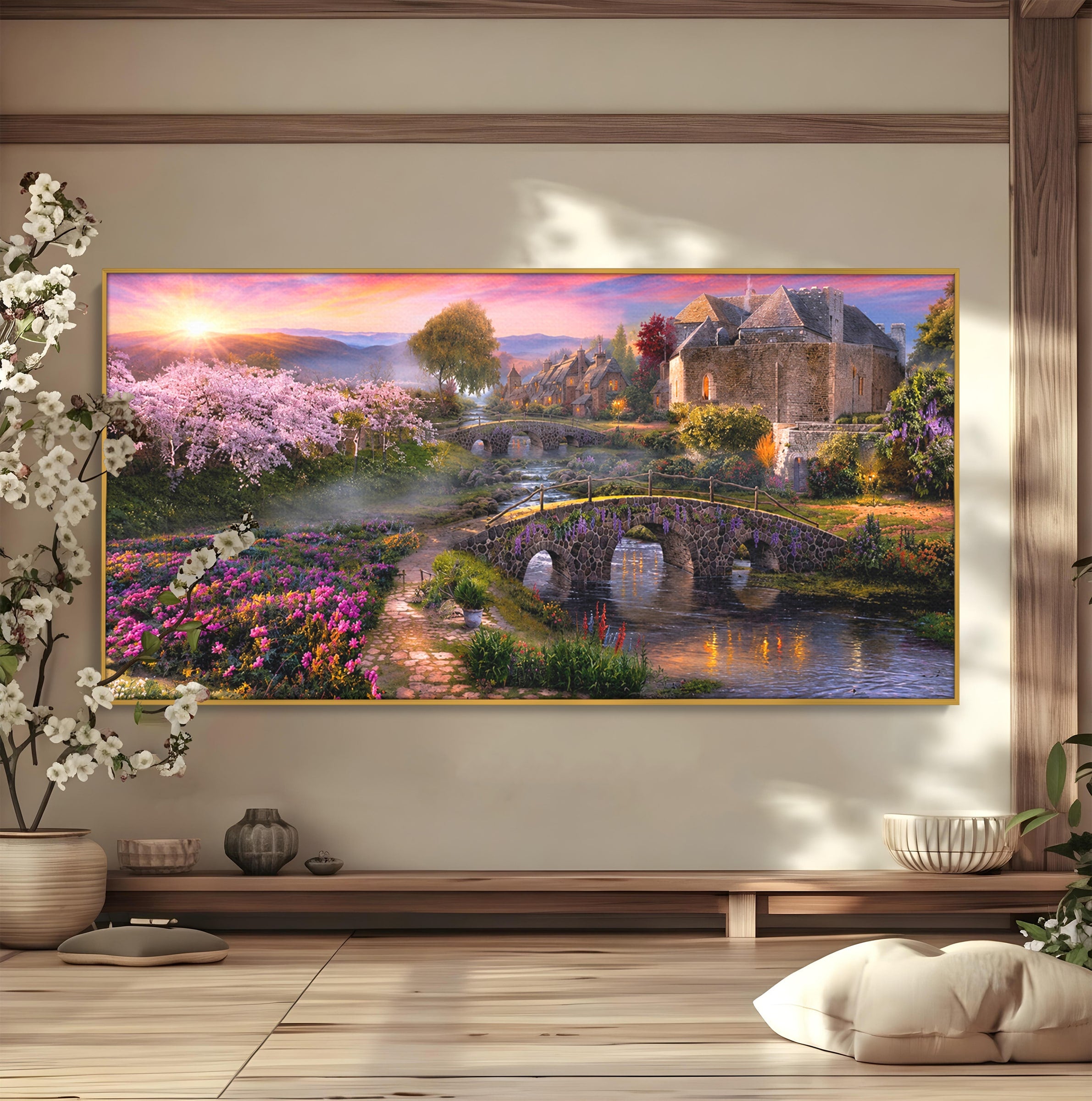 Tablou Canvas Premium LuxCanva® A1741, Peisaj Feeric de Primavara, Peisaj, Primavara, Natura, Apus, Gradina, Rau, Living, Dormitor, Culori Vibrante