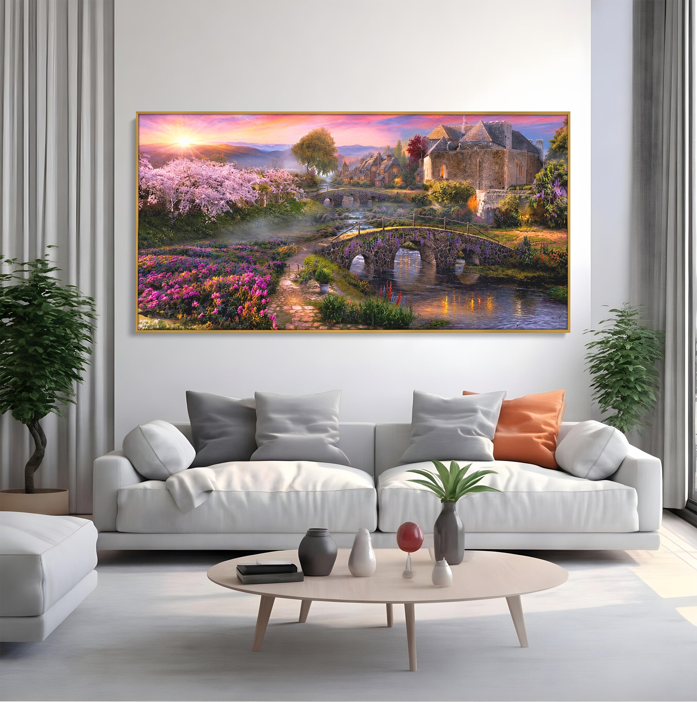 Tablou Canvas Premium LuxCanva® A1741, Peisaj Feeric de Primavara, Peisaj, Primavara, Natura, Apus, Gradina, Rau, Living, Dormitor, Culori Vibrante
