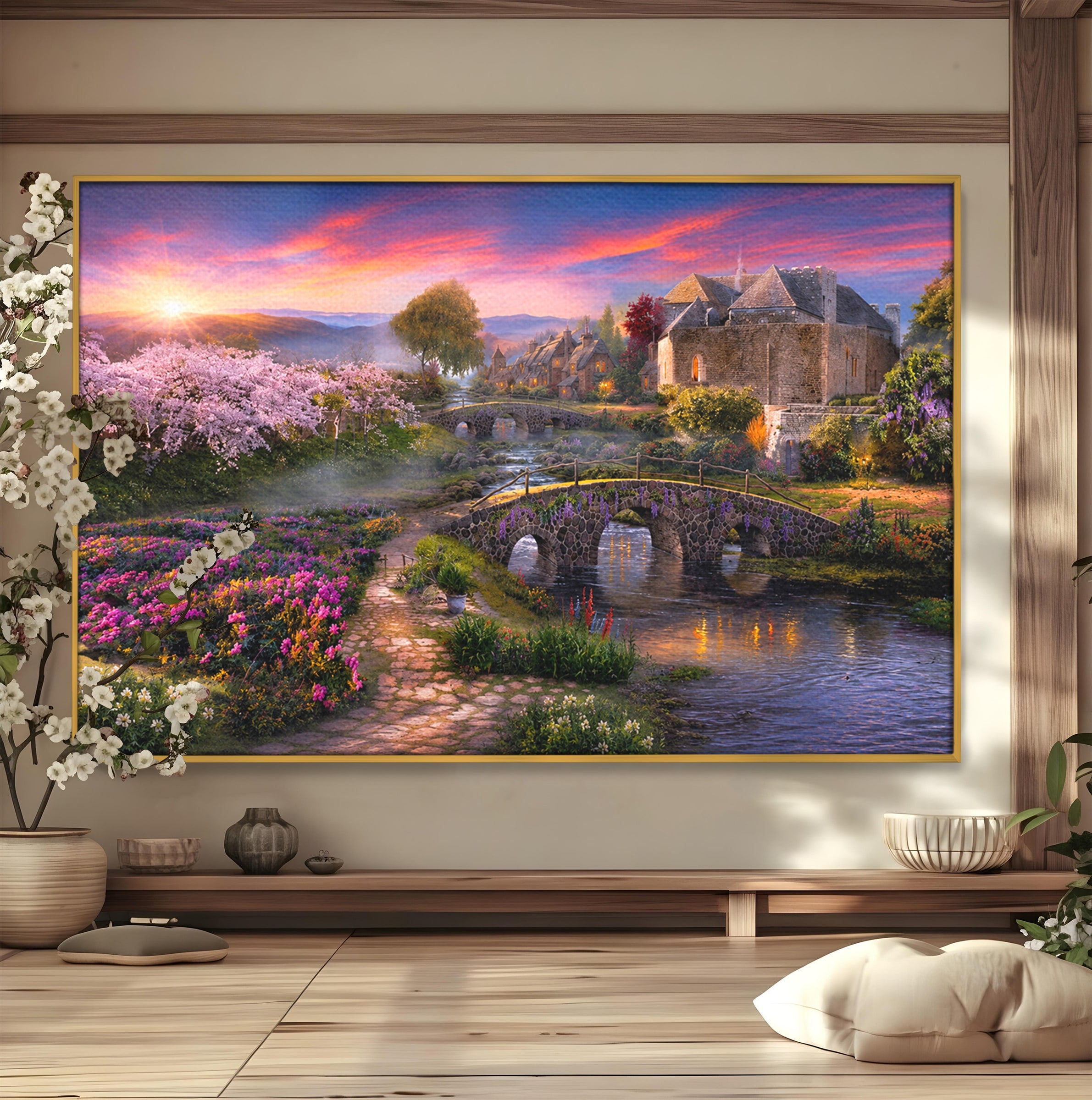 Tablou Canvas Premium LuxCanva® A1741, Peisaj Feeric de Primavara, Peisaj, Primavara, Natura, Apus, Gradina, Rau, Living, Dormitor, Culori Vibrante