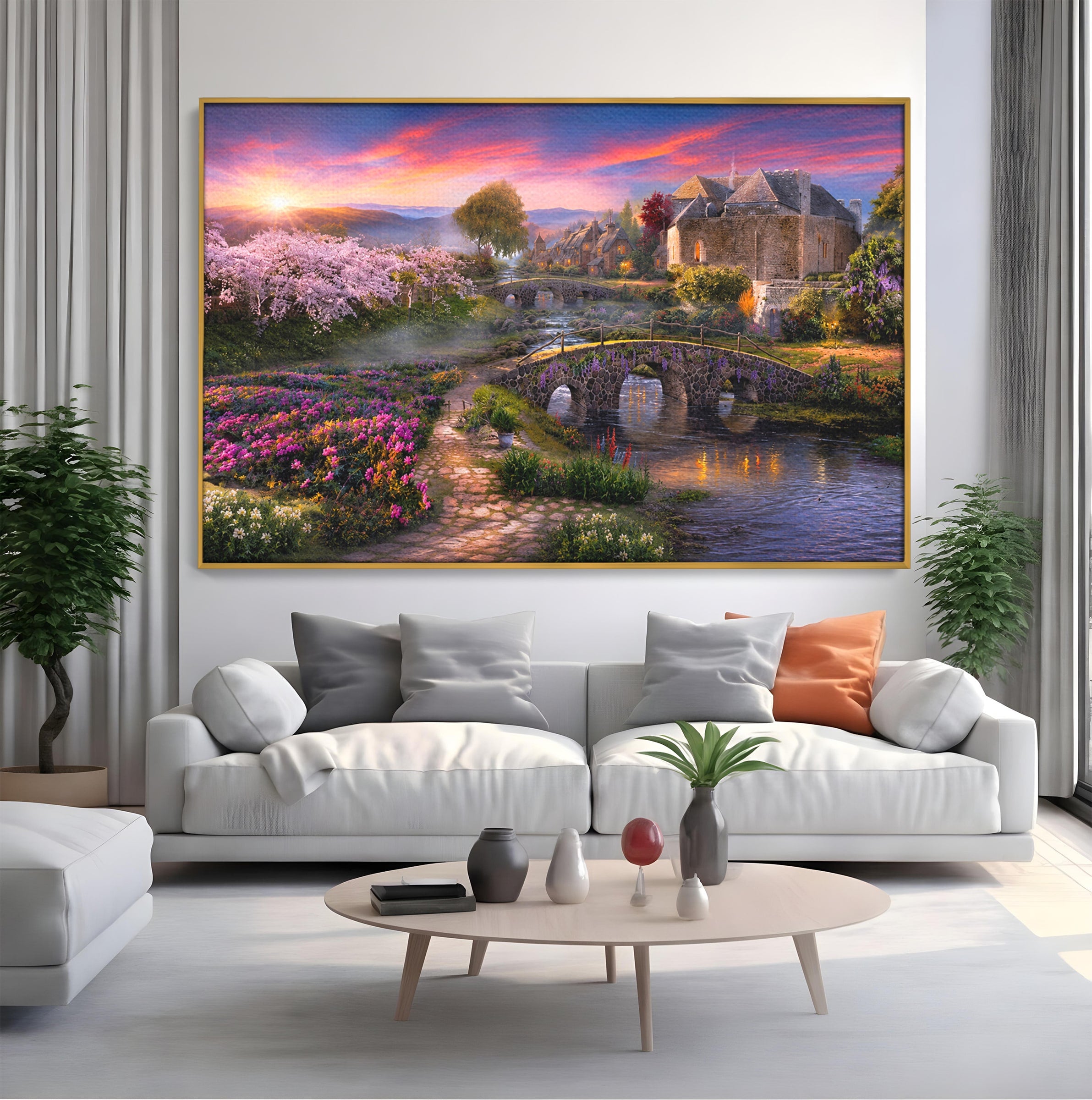 Tablou Canvas Premium LuxCanva® A1741, Peisaj Feeric de Primavara, Peisaj, Primavara, Natura, Apus, Gradina, Rau, Living, Dormitor, Culori Vibrante