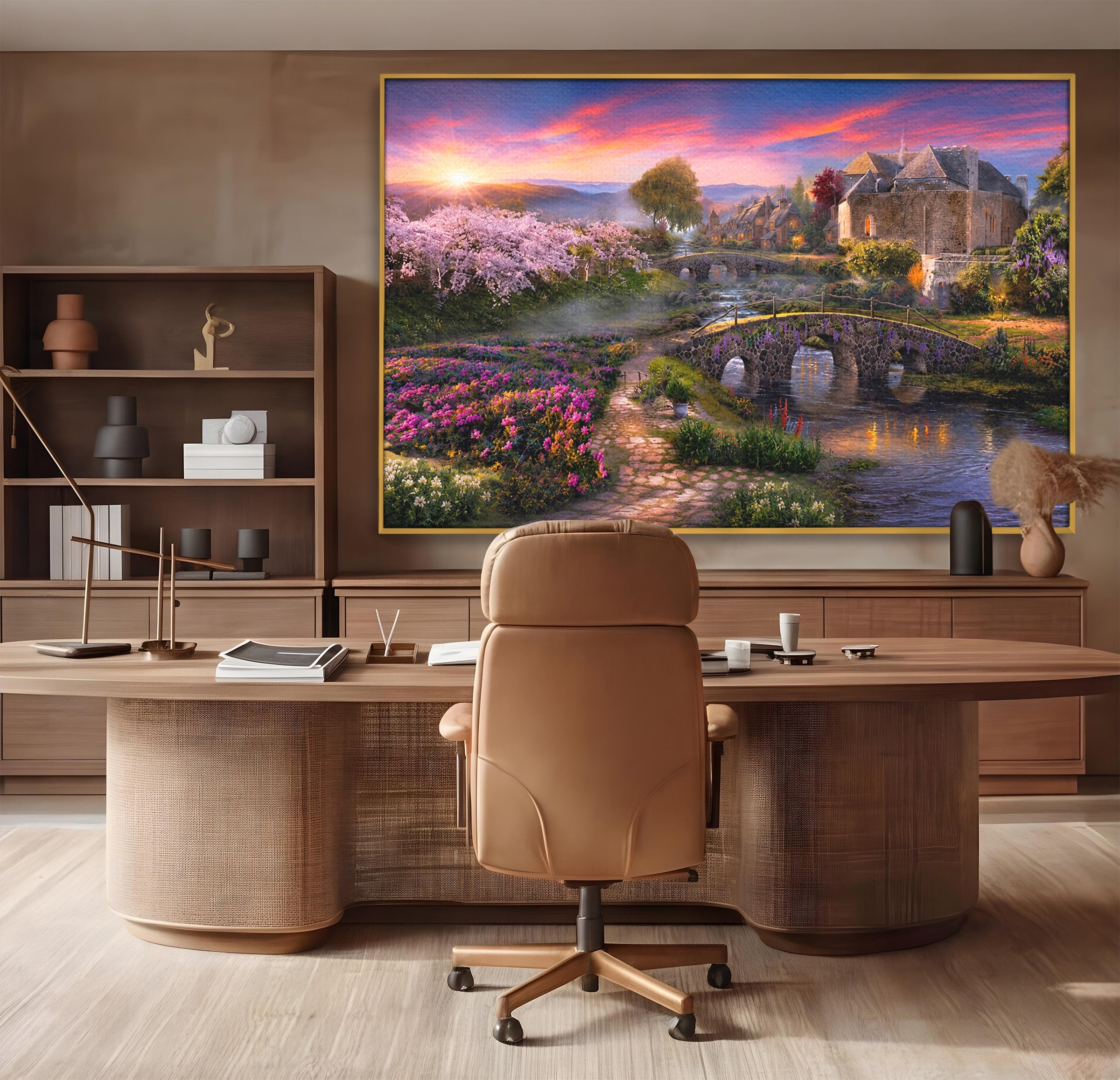 Tablou Canvas Premium LuxCanva® A1741, Peisaj Feeric de Primavara, Peisaj, Primavara, Natura, Apus, Gradina, Rau, Living, Dormitor, Culori Vibrante