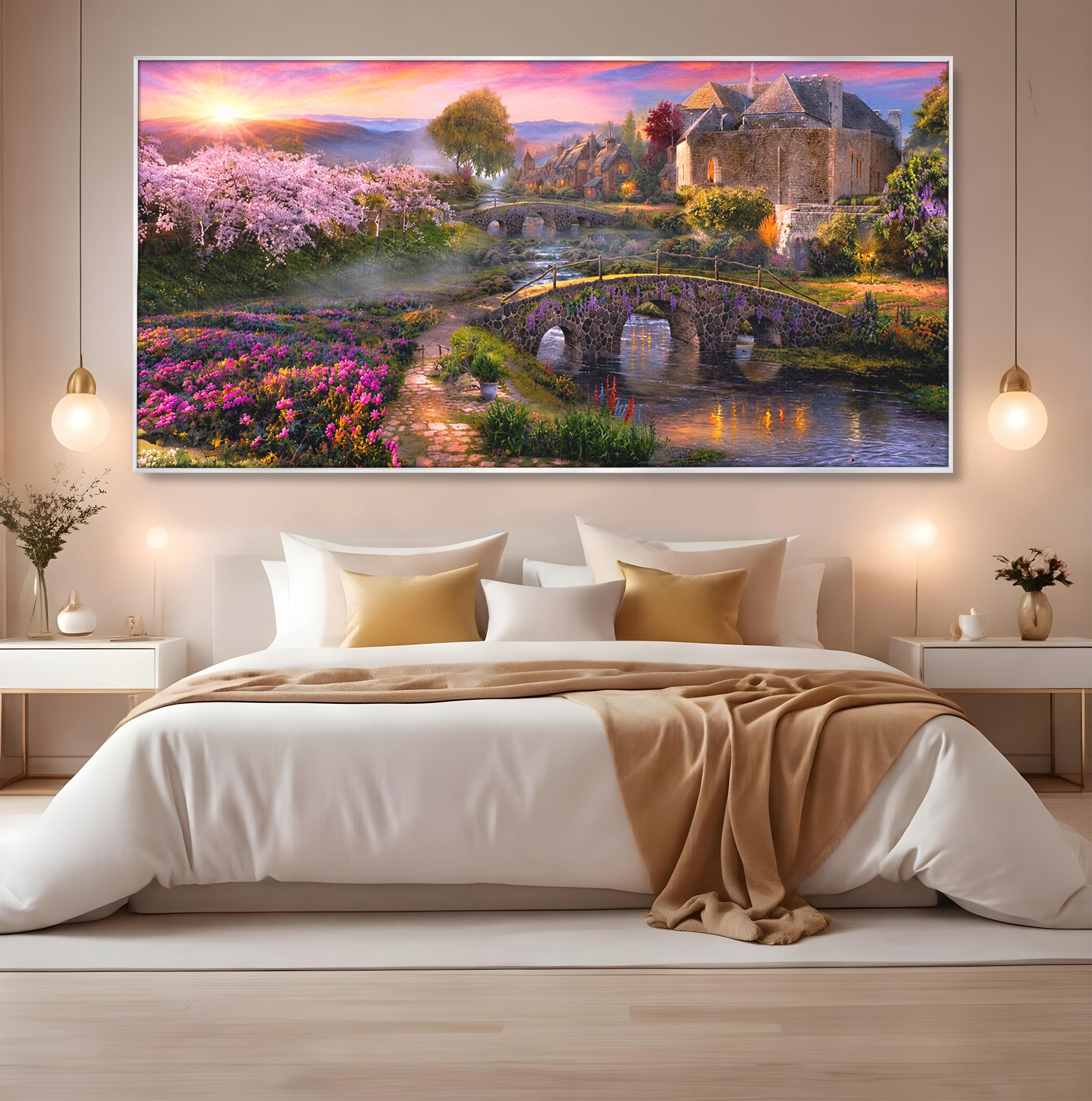Tablou Canvas Premium LuxCanva® A1741, Peisaj Feeric de Primavara, Peisaj, Primavara, Natura, Apus, Gradina, Rau, Living, Dormitor, Culori Vibrante