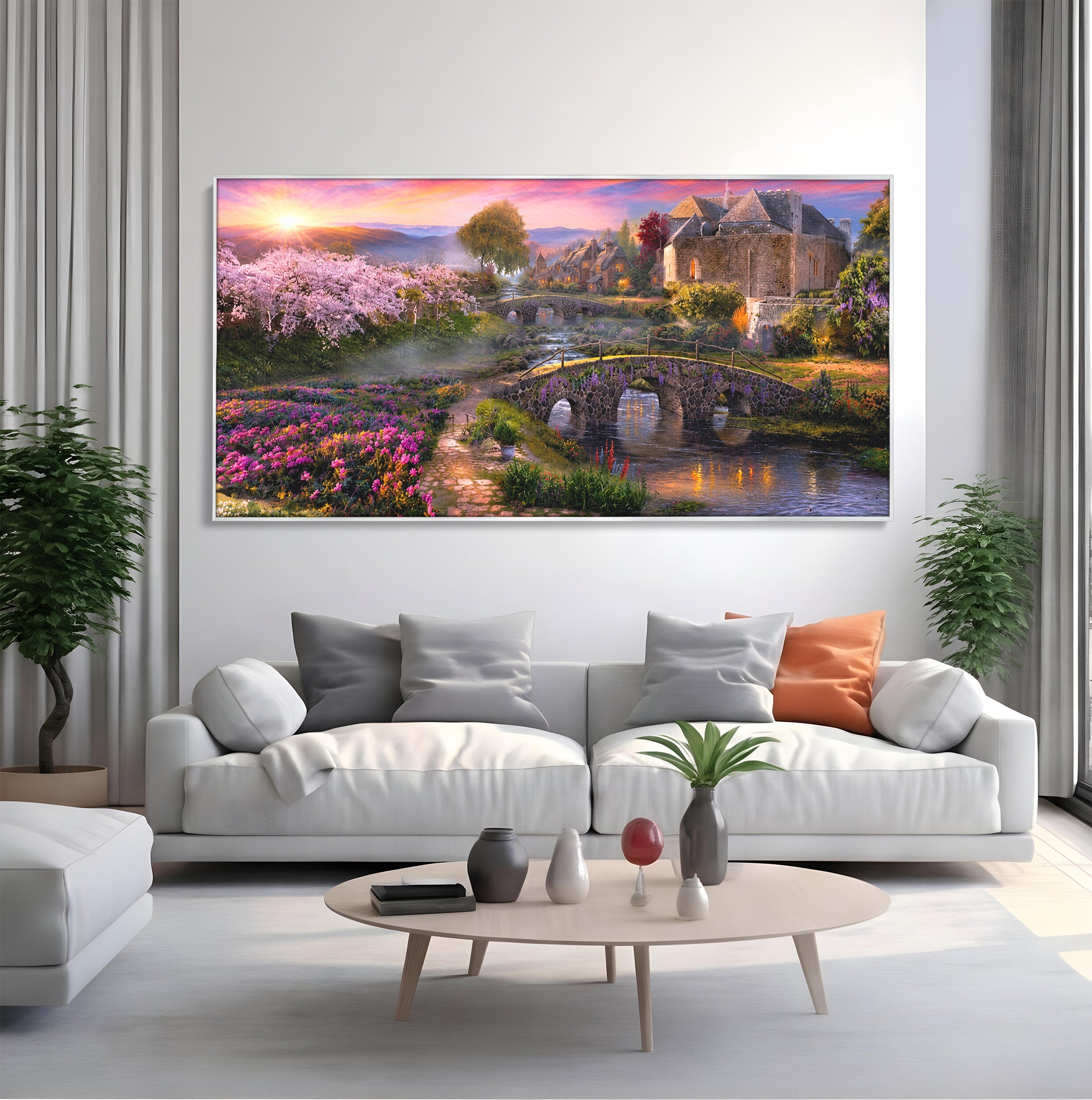 Tablou Canvas Premium LuxCanva® A1741, Peisaj Feeric de Primavara, Peisaj, Primavara, Natura, Apus, Gradina, Rau, Living, Dormitor, Culori Vibrante