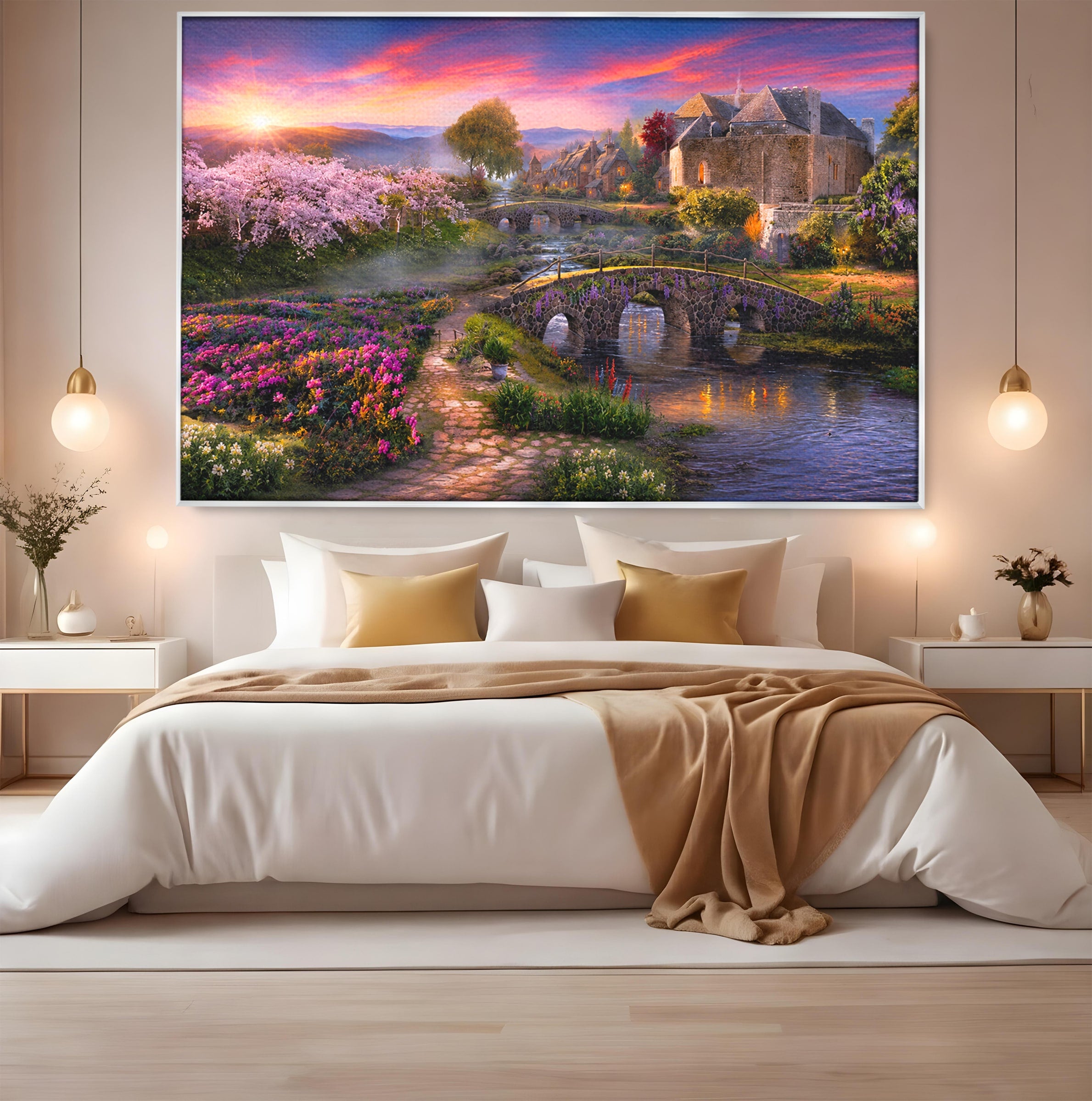 Tablou Canvas Premium LuxCanva® A1741, Peisaj Feeric de Primavara, Peisaj, Primavara, Natura, Apus, Gradina, Rau, Living, Dormitor, Culori Vibrante