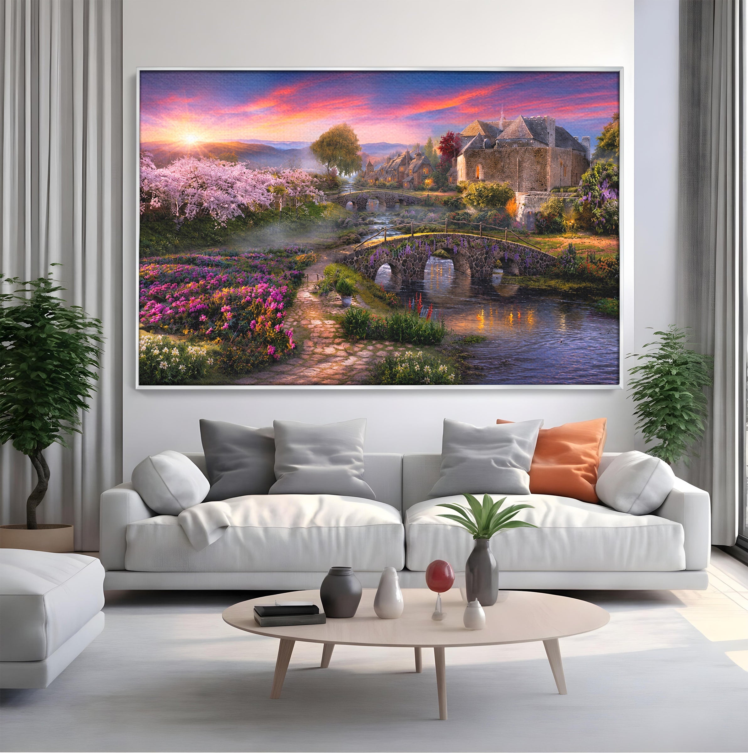 Tablou Canvas Premium LuxCanva® A1741, Peisaj Feeric de Primavara, Peisaj, Primavara, Natura, Apus, Gradina, Rau, Living, Dormitor, Culori Vibrante