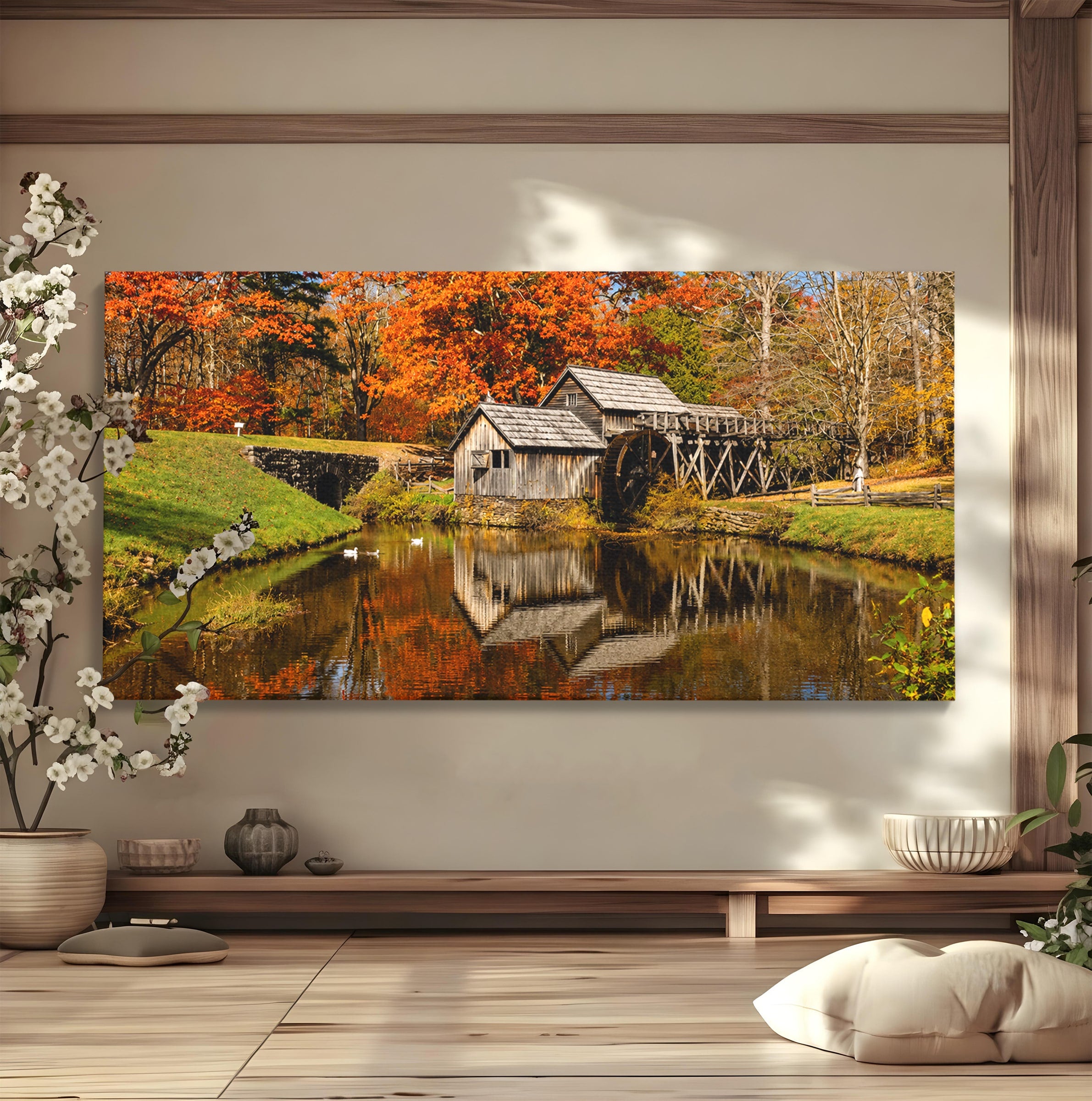 Tablou Canvas Premium LuxCanva® A1744, Moara De Toamna, Moara, Toamna, Natura, Reflexie, Living, Culori Vibrante