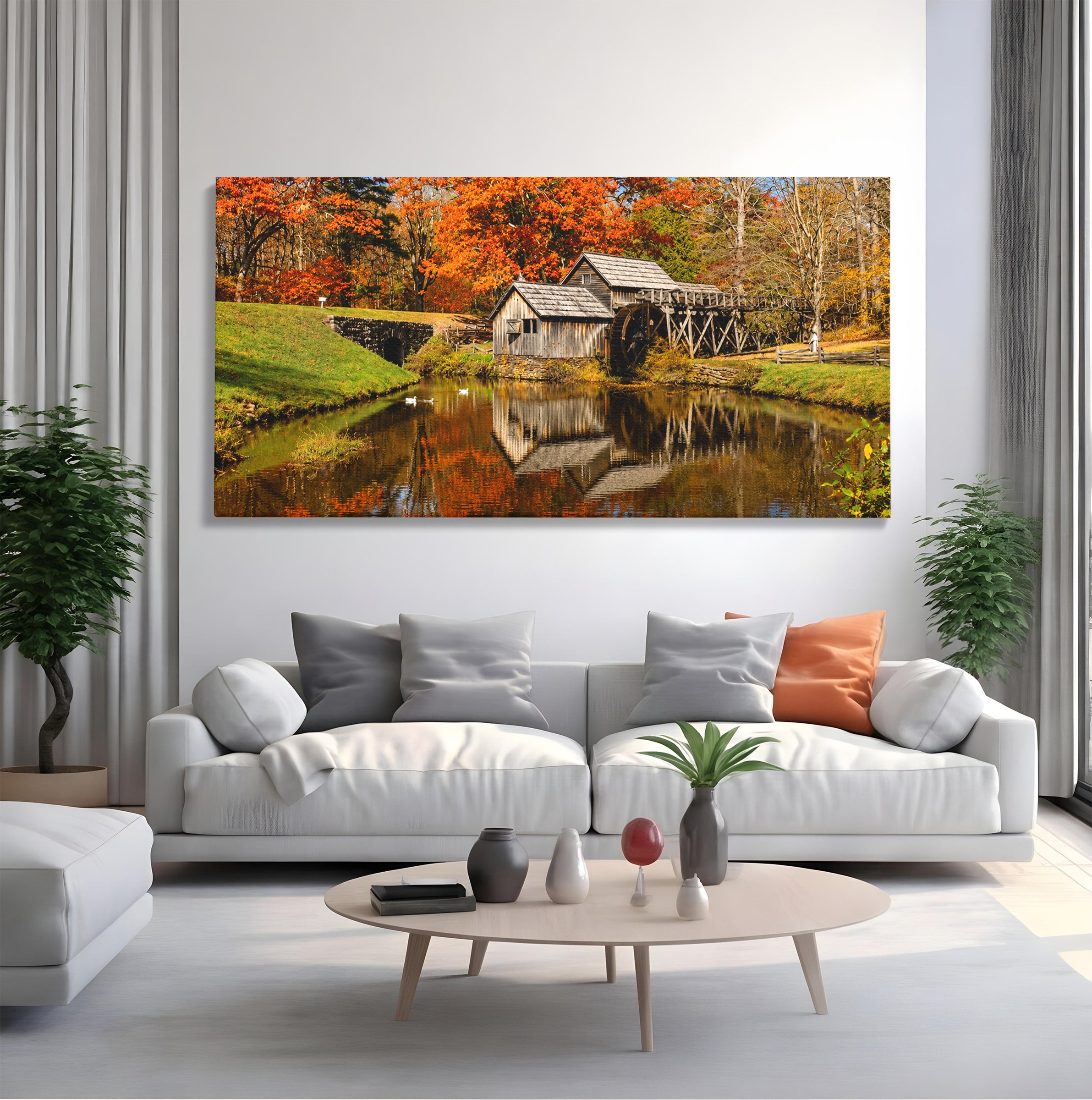 Tablou Canvas Premium LuxCanva® A1744, Moara De Toamna, Moara, Toamna, Natura, Reflexie, Living, Culori Vibrante