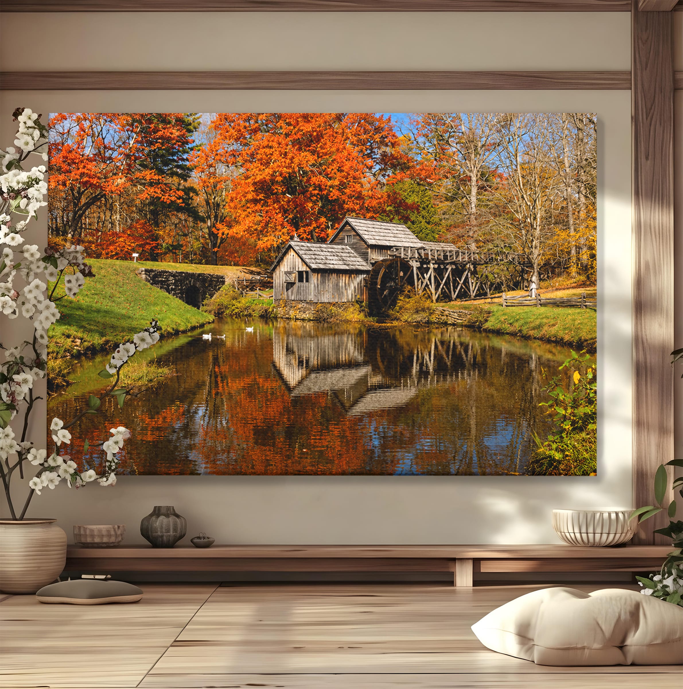 Tablou Canvas Premium LuxCanva® A1744, Moara De Toamna, Moara, Toamna, Natura, Reflexie, Living, Culori Vibrante