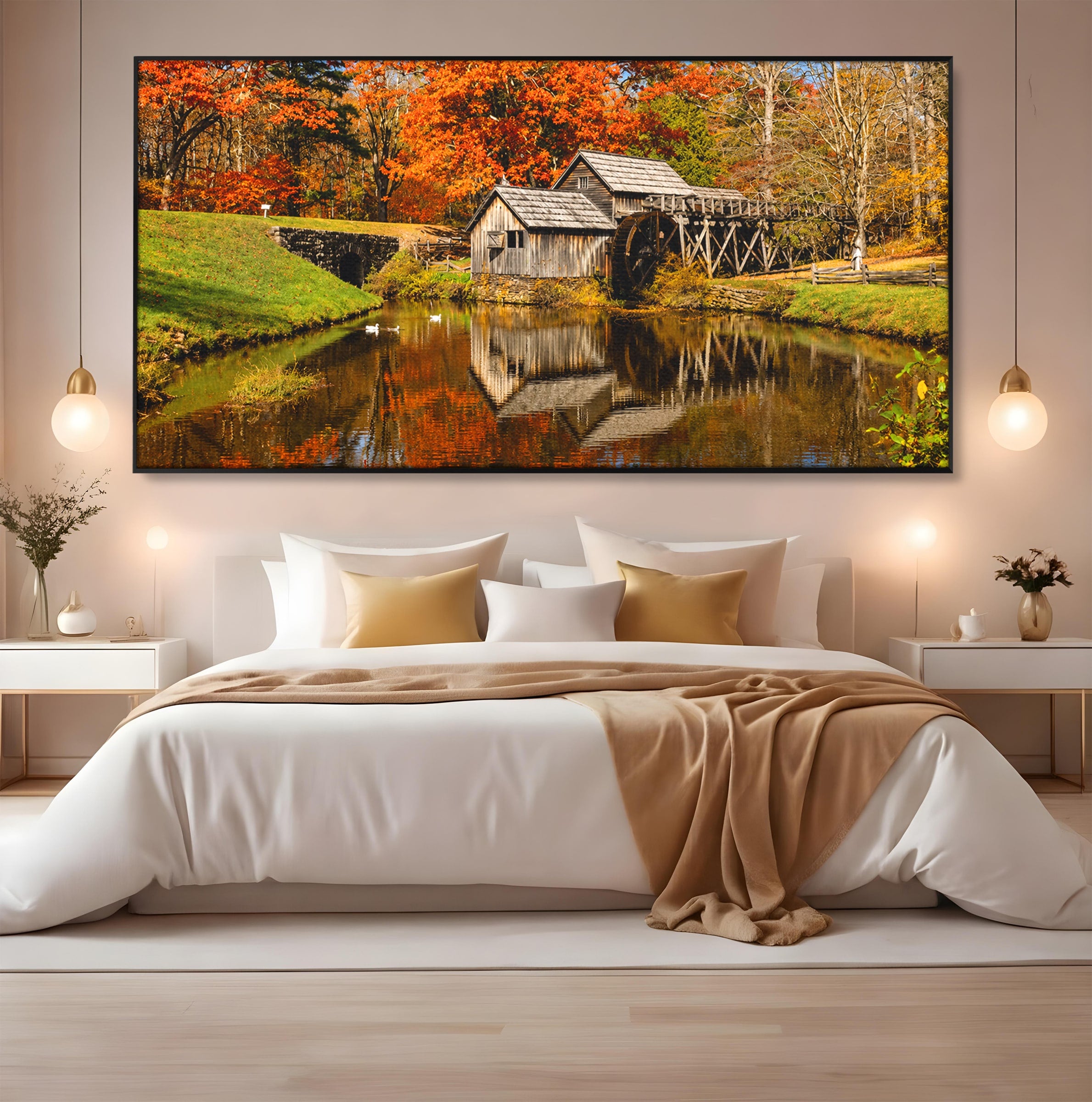 Tablou Canvas Premium LuxCanva® A1744, Moara De Toamna, Moara, Toamna, Natura, Reflexie, Living, Culori Vibrante