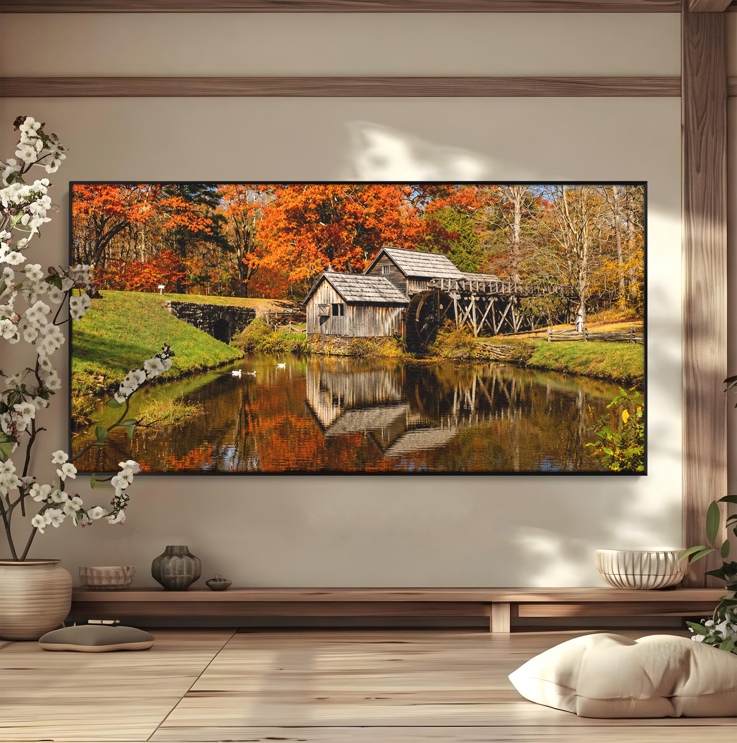 Tablou Canvas Premium LuxCanva® A1744, Moara De Toamna, Moara, Toamna, Natura, Reflexie, Living, Culori Vibrante