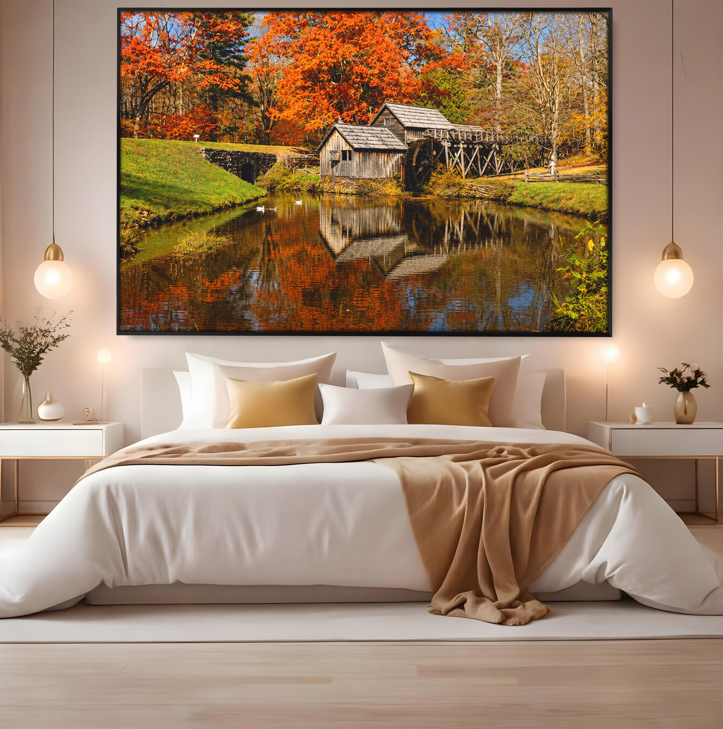 Tablou Canvas Premium LuxCanva® A1744, Moara De Toamna, Moara, Toamna, Natura, Reflexie, Living, Culori Vibrante