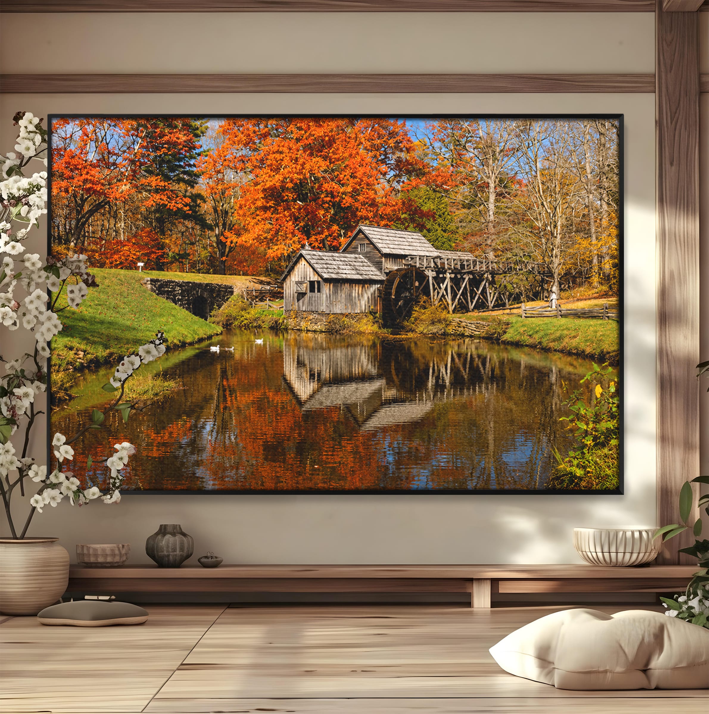 Tablou Canvas Premium LuxCanva® A1744, Moara De Toamna, Moara, Toamna, Natura, Reflexie, Living, Culori Vibrante