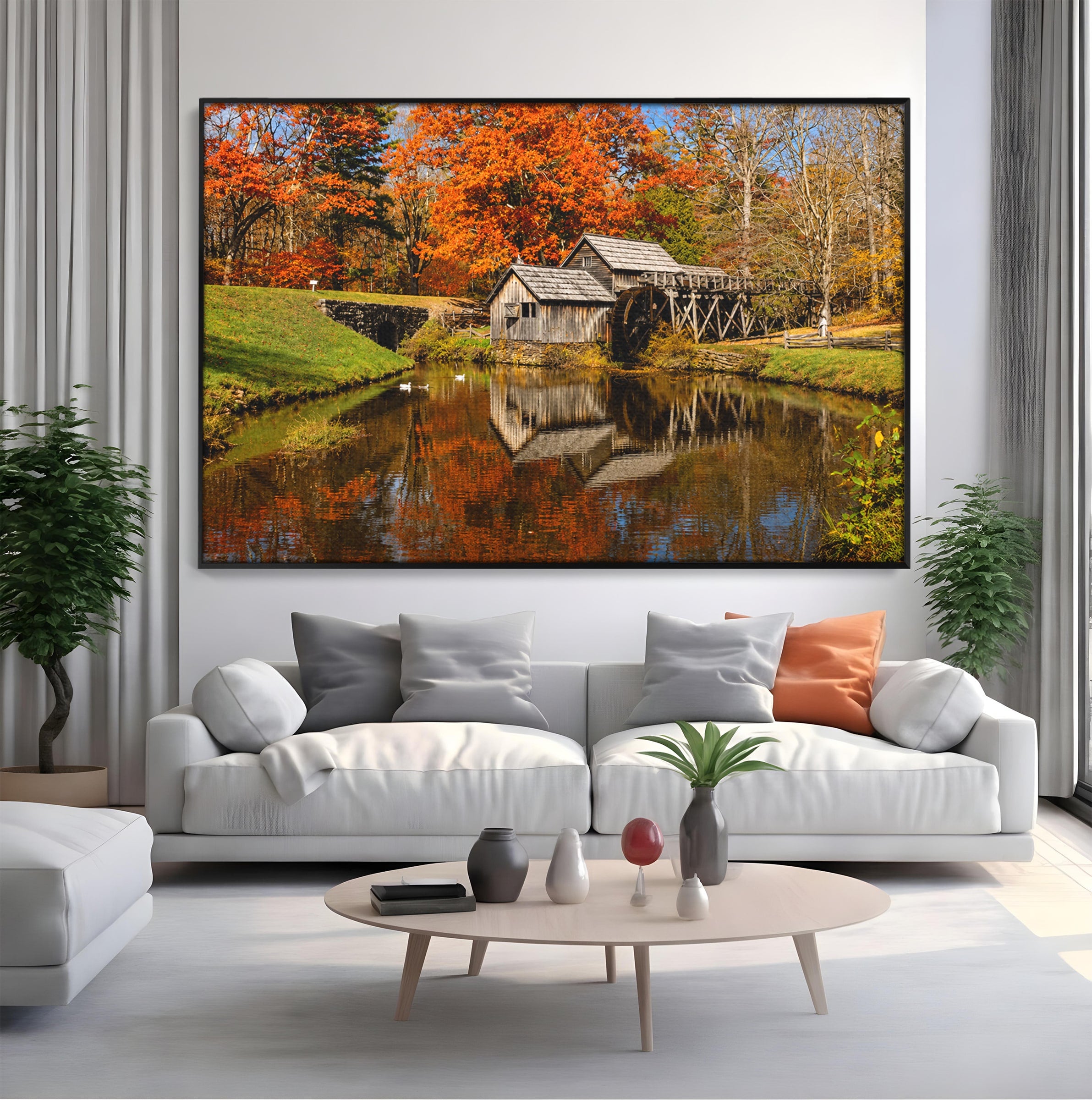 Tablou Canvas Premium LuxCanva® A1744, Moara De Toamna, Moara, Toamna, Natura, Reflexie, Living, Culori Vibrante