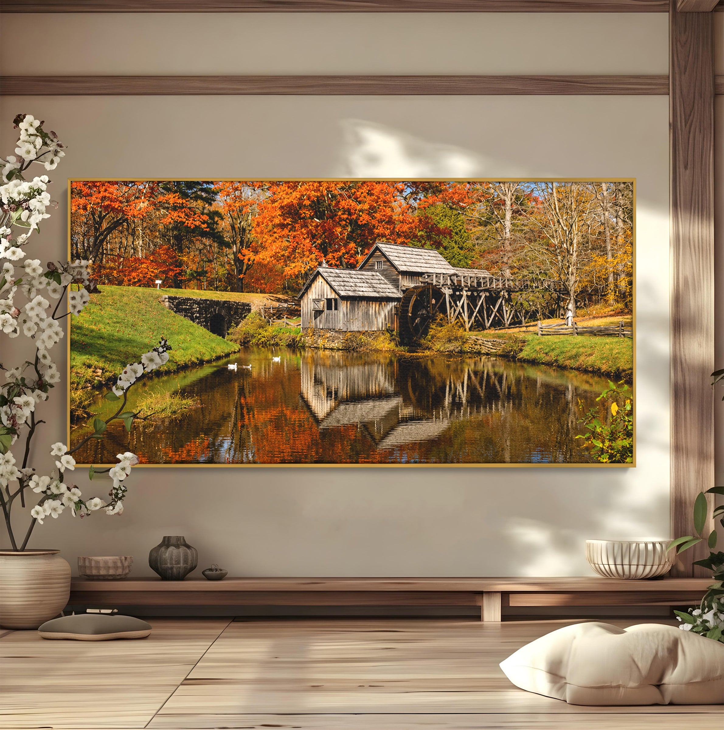 Tablou Canvas Premium LuxCanva® A1744, Moara De Toamna, Moara, Toamna, Natura, Reflexie, Living, Culori Vibrante