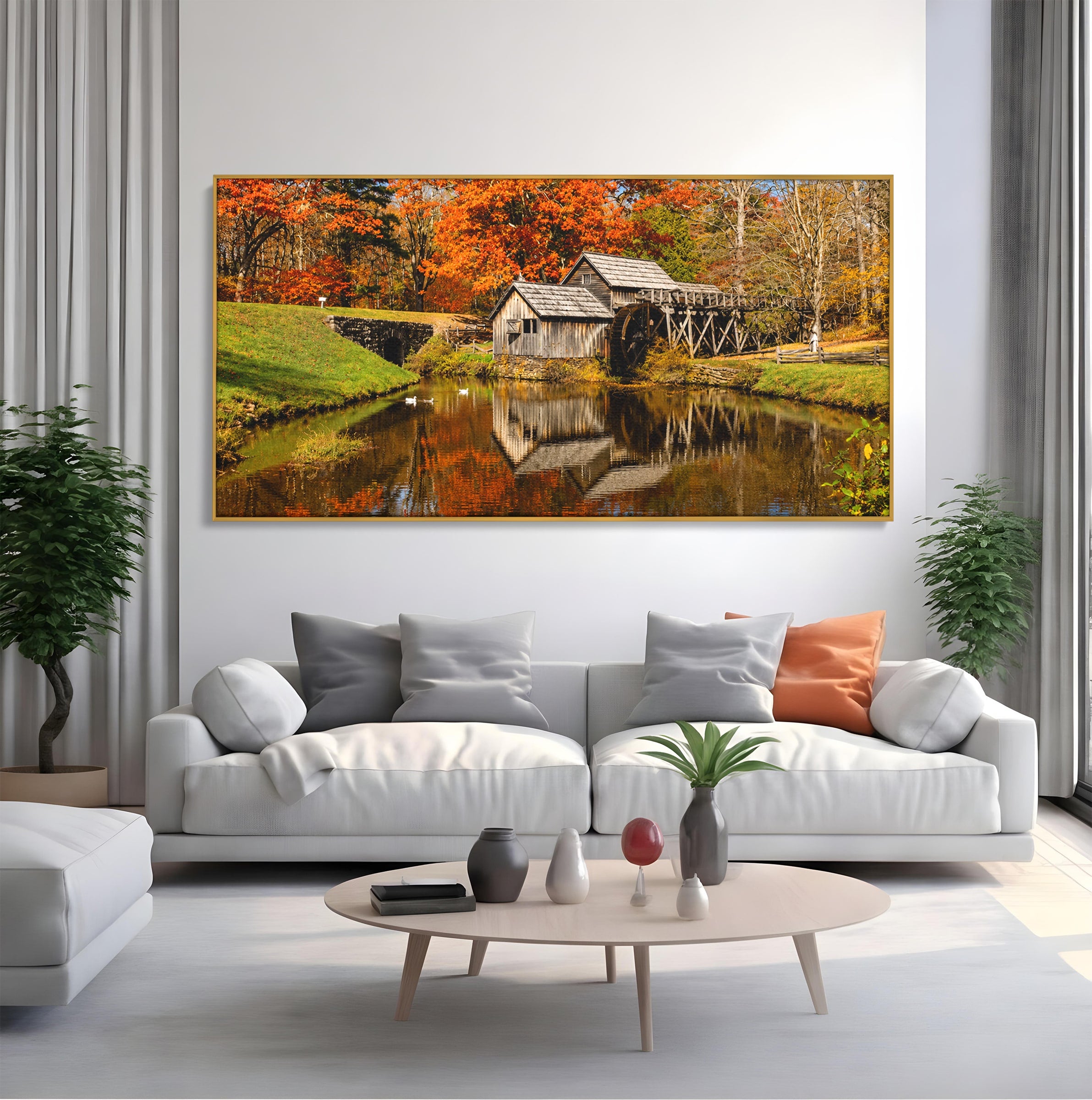 Tablou Canvas Premium LuxCanva® A1744, Moara De Toamna, Moara, Toamna, Natura, Reflexie, Living, Culori Vibrante