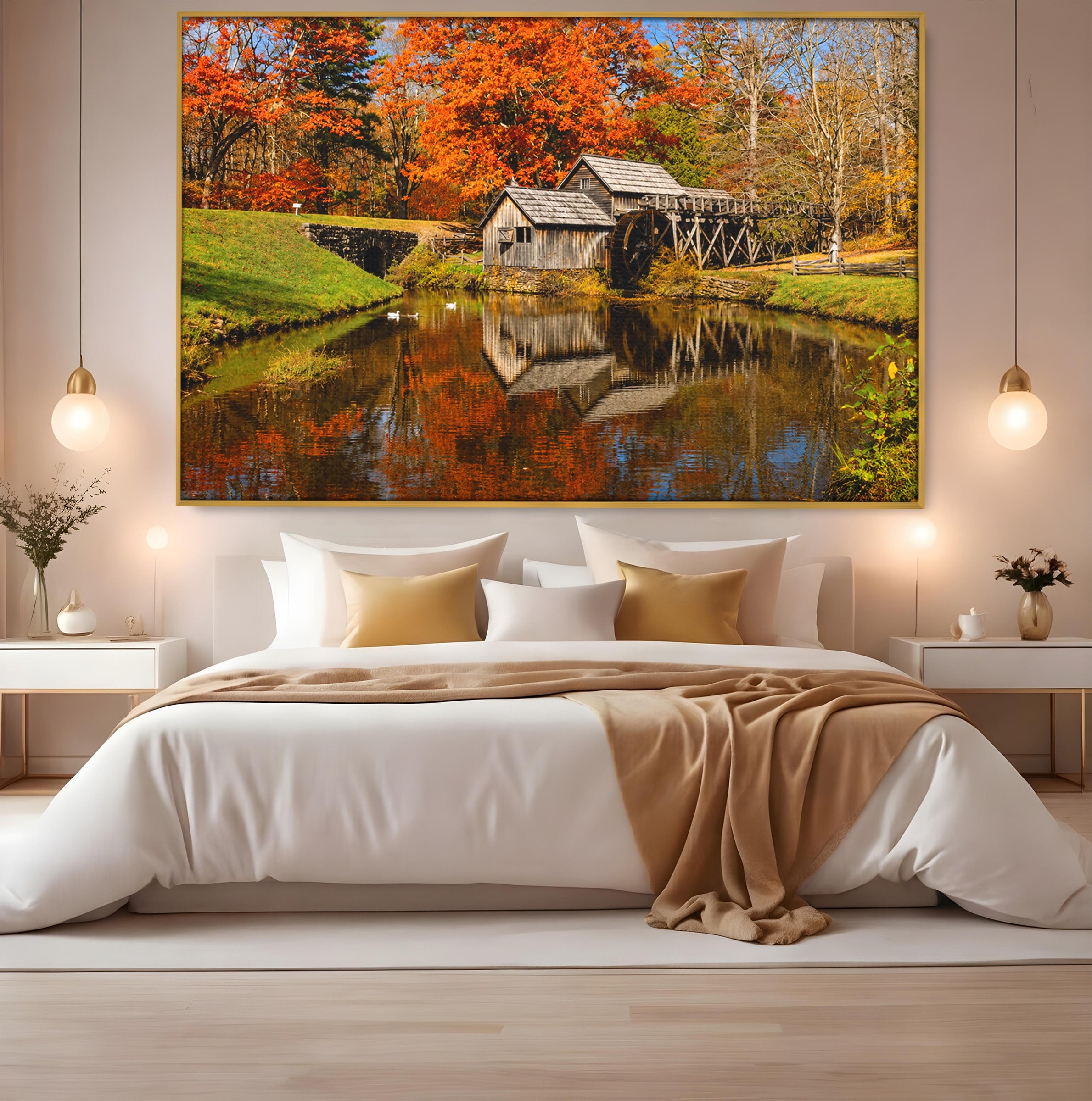Tablou Canvas Premium LuxCanva® A1744, Moara De Toamna, Moara, Toamna, Natura, Reflexie, Living, Culori Vibrante