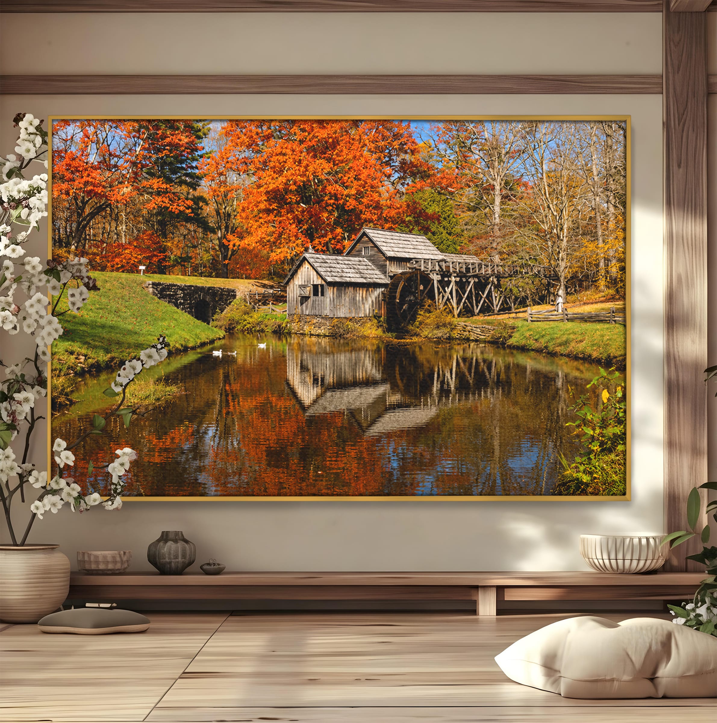 Tablou Canvas Premium LuxCanva® A1744, Moara De Toamna, Moara, Toamna, Natura, Reflexie, Living, Culori Vibrante