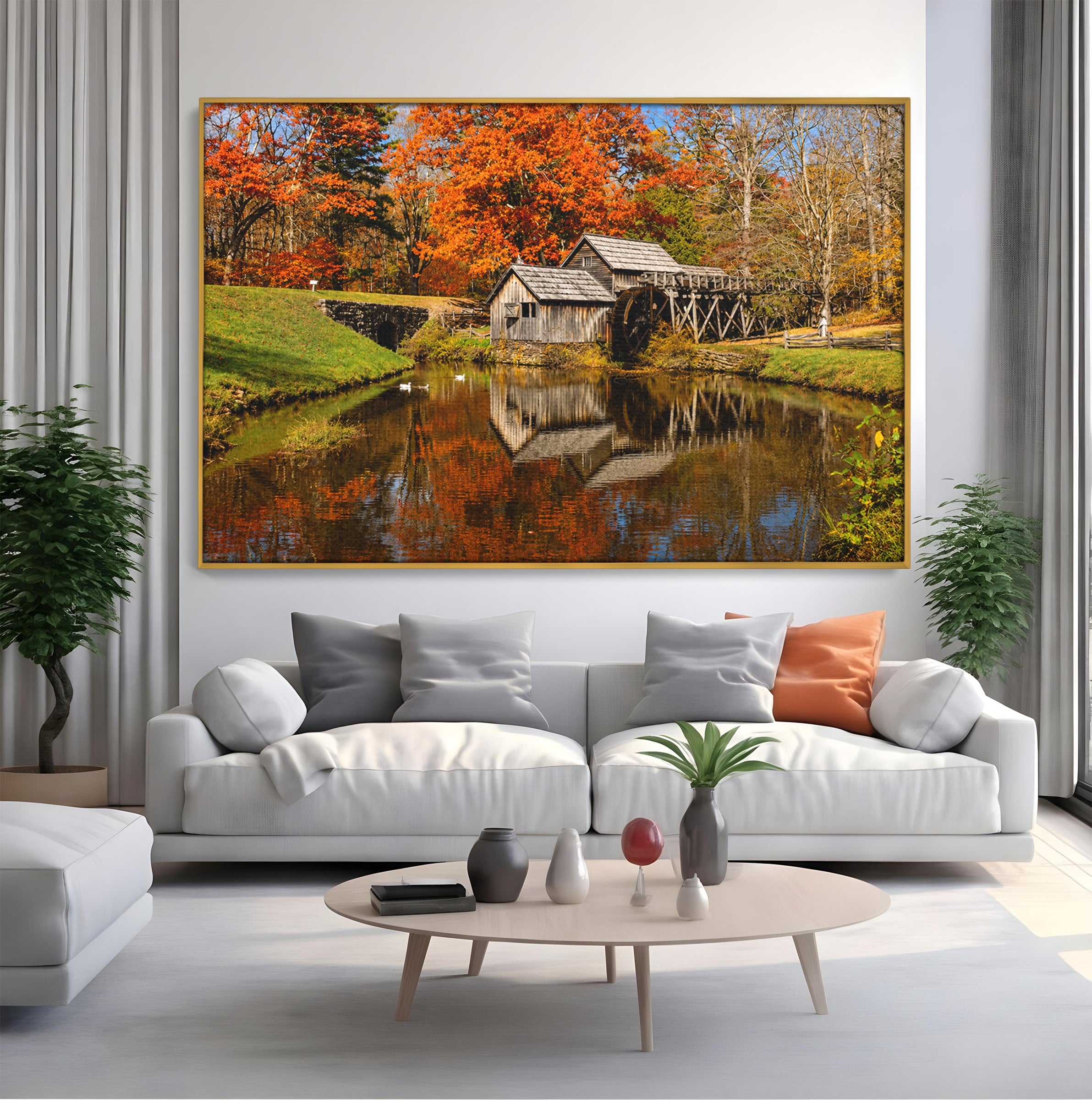 Tablou Canvas Premium LuxCanva® A1744, Moara De Toamna, Moara, Toamna, Natura, Reflexie, Living, Culori Vibrante