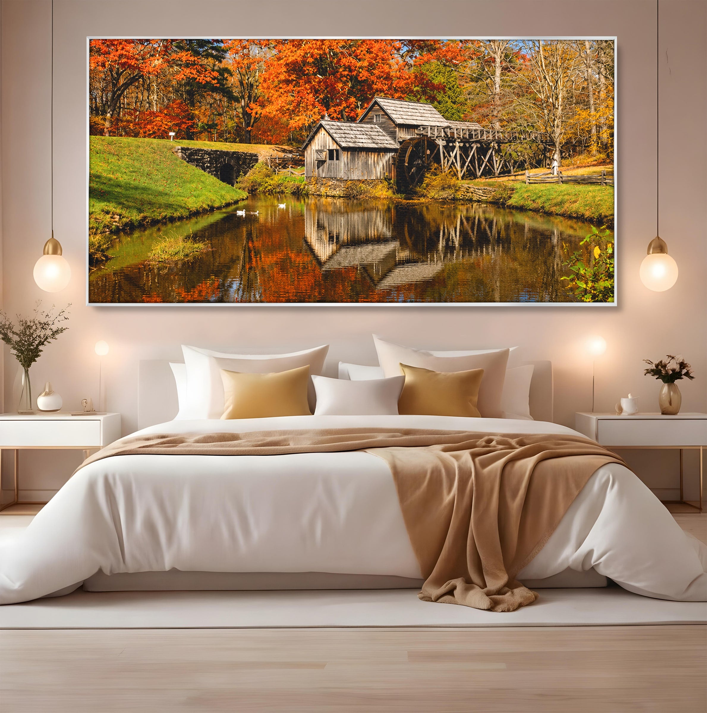 Tablou Canvas Premium LuxCanva® A1744, Moara De Toamna, Moara, Toamna, Natura, Reflexie, Living, Culori Vibrante