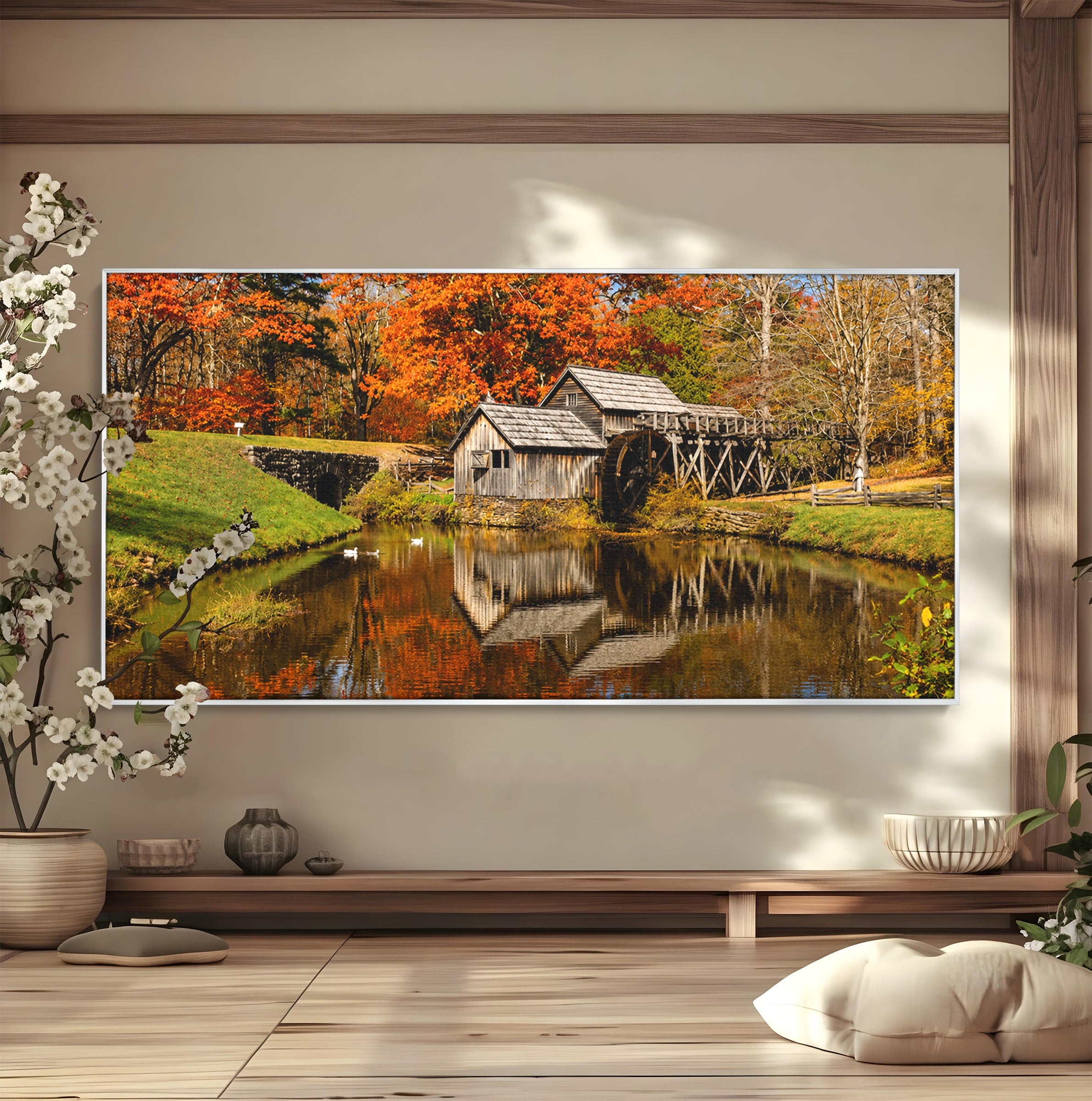 Tablou Canvas Premium LuxCanva® A1744, Moara De Toamna, Moara, Toamna, Natura, Reflexie, Living, Culori Vibrante