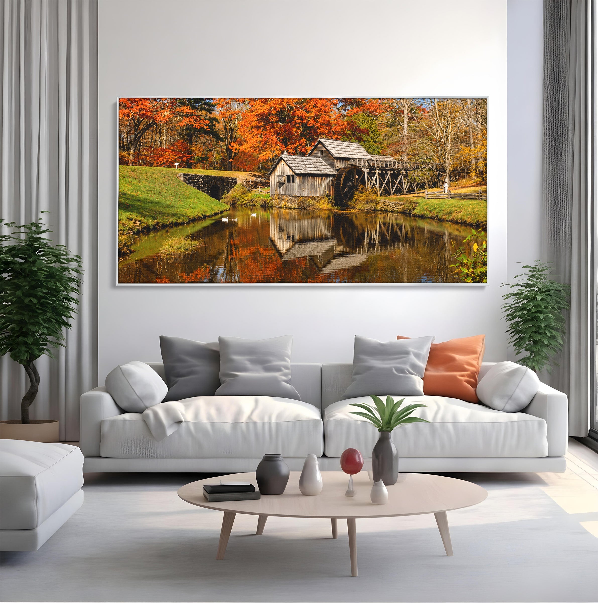 Tablou Canvas Premium LuxCanva® A1744, Moara De Toamna, Moara, Toamna, Natura, Reflexie, Living, Culori Vibrante