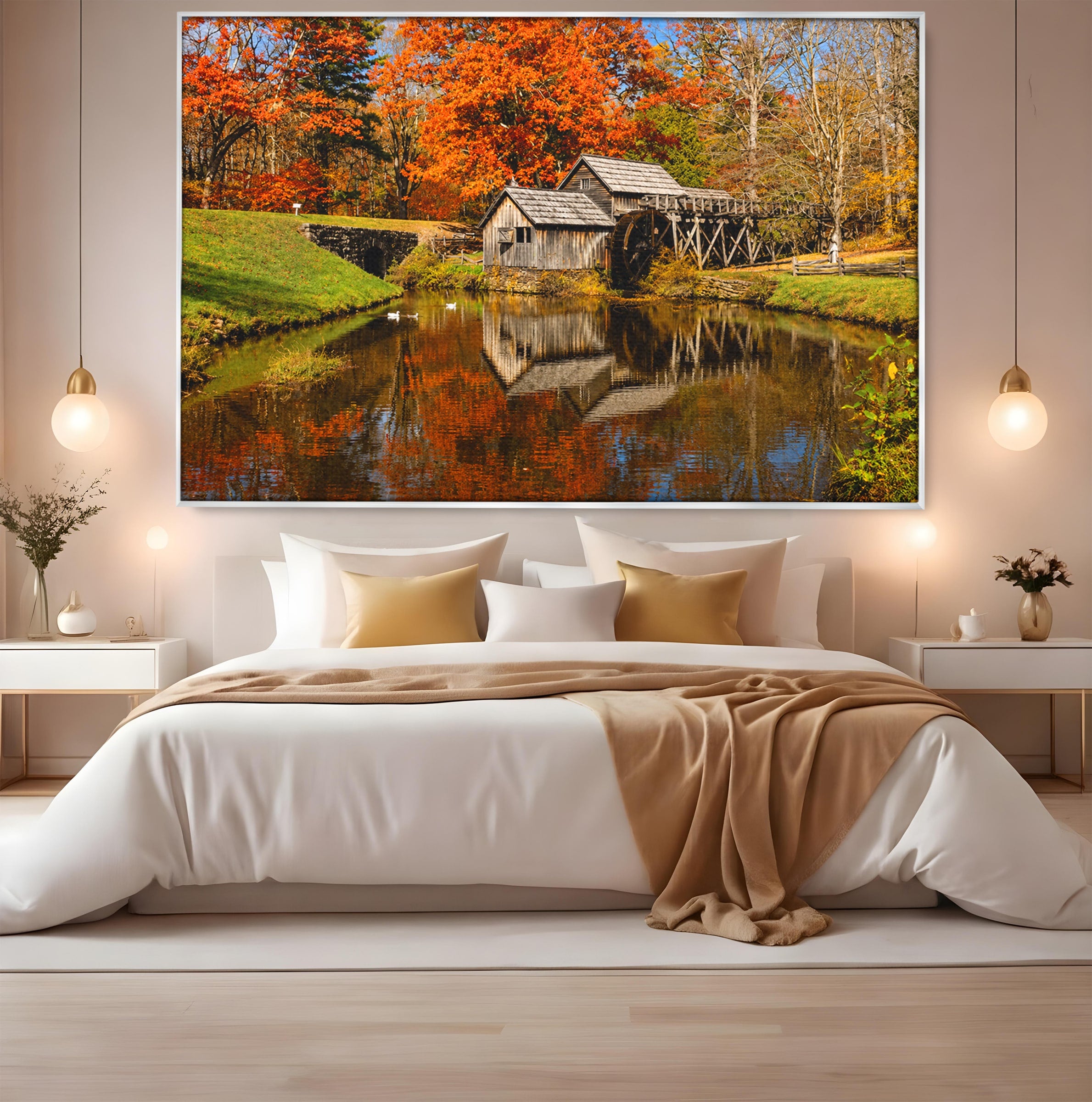 Tablou Canvas Premium LuxCanva® A1744, Moara De Toamna, Moara, Toamna, Natura, Reflexie, Living, Culori Vibrante